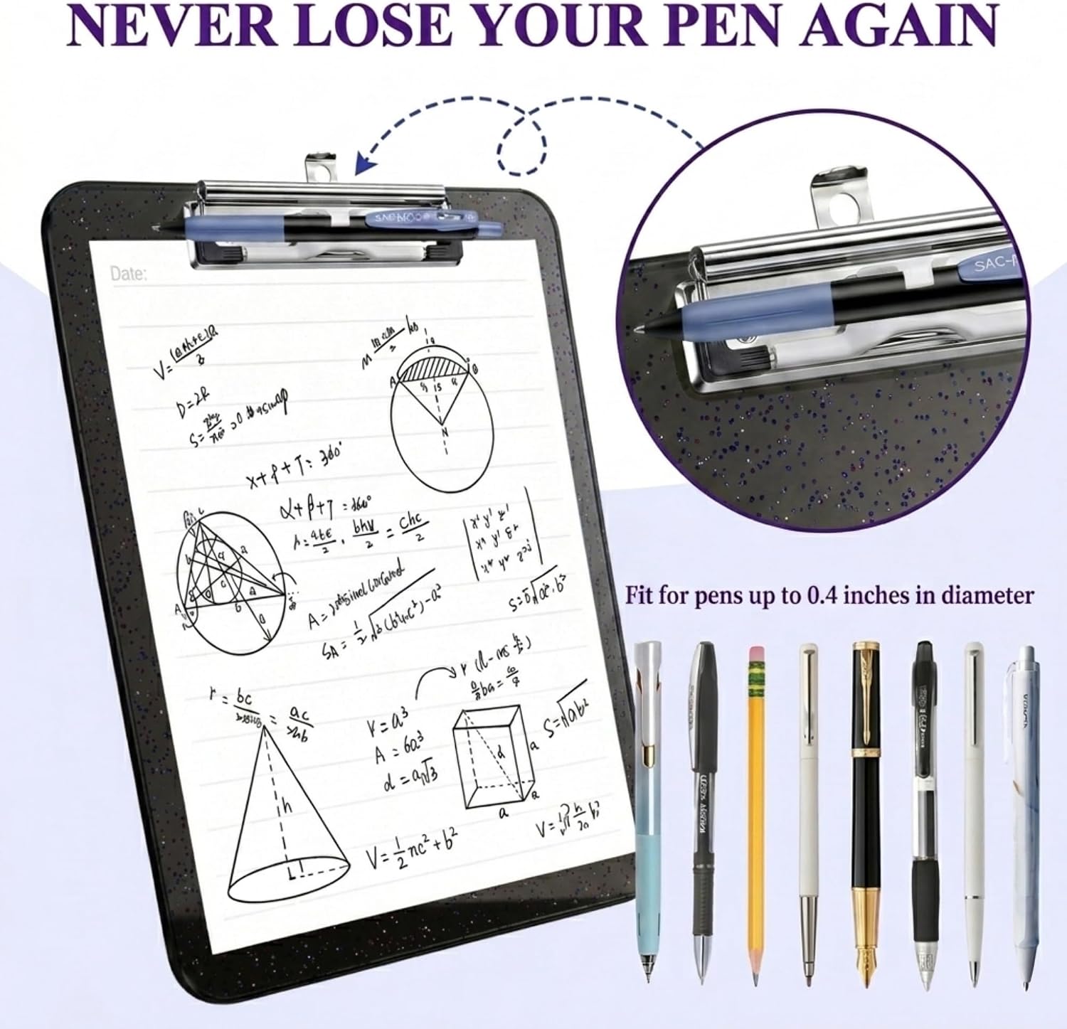 Black Glitter Platic Clipboard with Pen Holder,Clear Clip Boards 8.5x11 image 2
