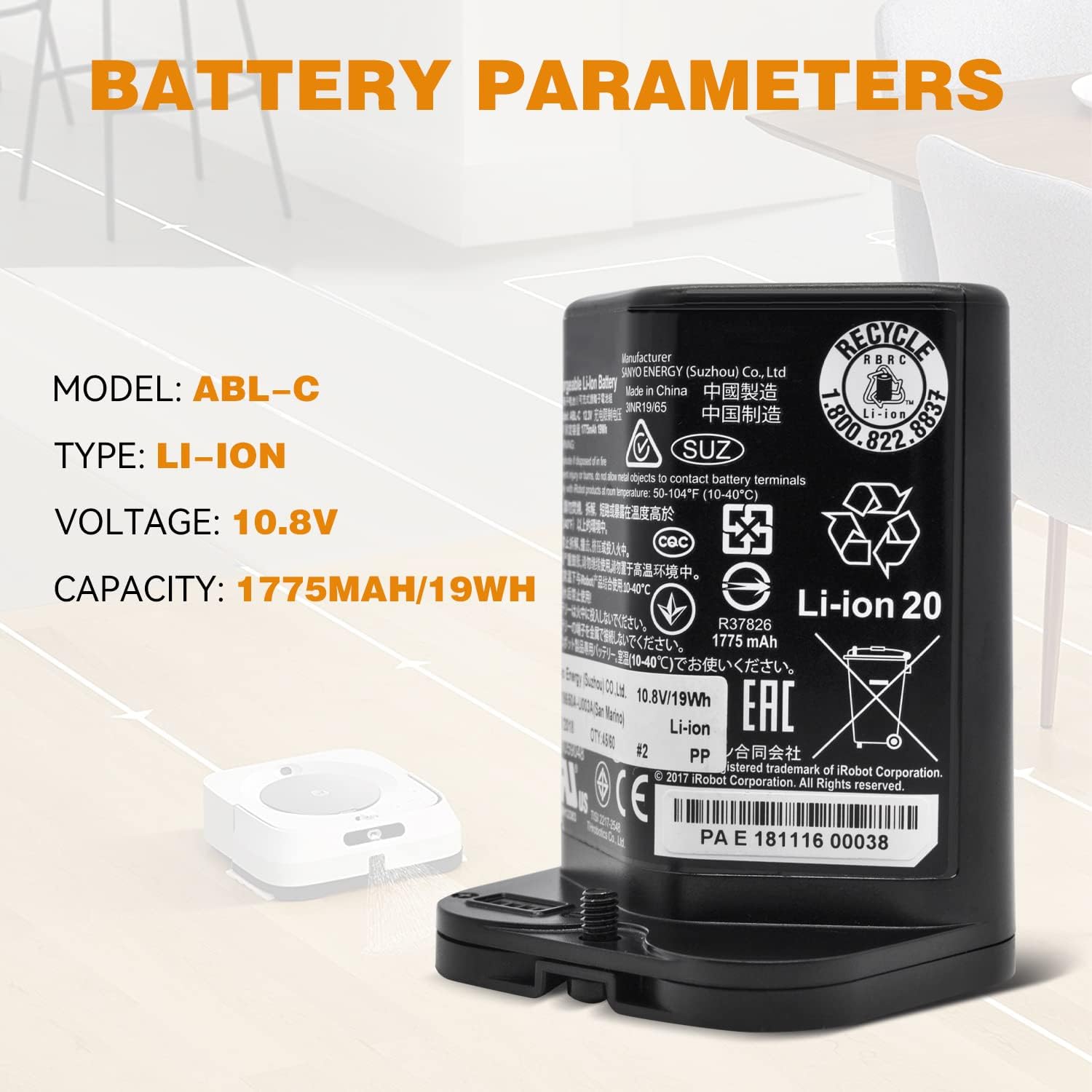 ABL-C 3INR19/65 Battery Replacement for iRobot M6 6110 Braava Jet M6 Series M611020 M612880 M612680 M614480 6100 Ultimate Robot Mop 10.8V 19Wh 1775mAh