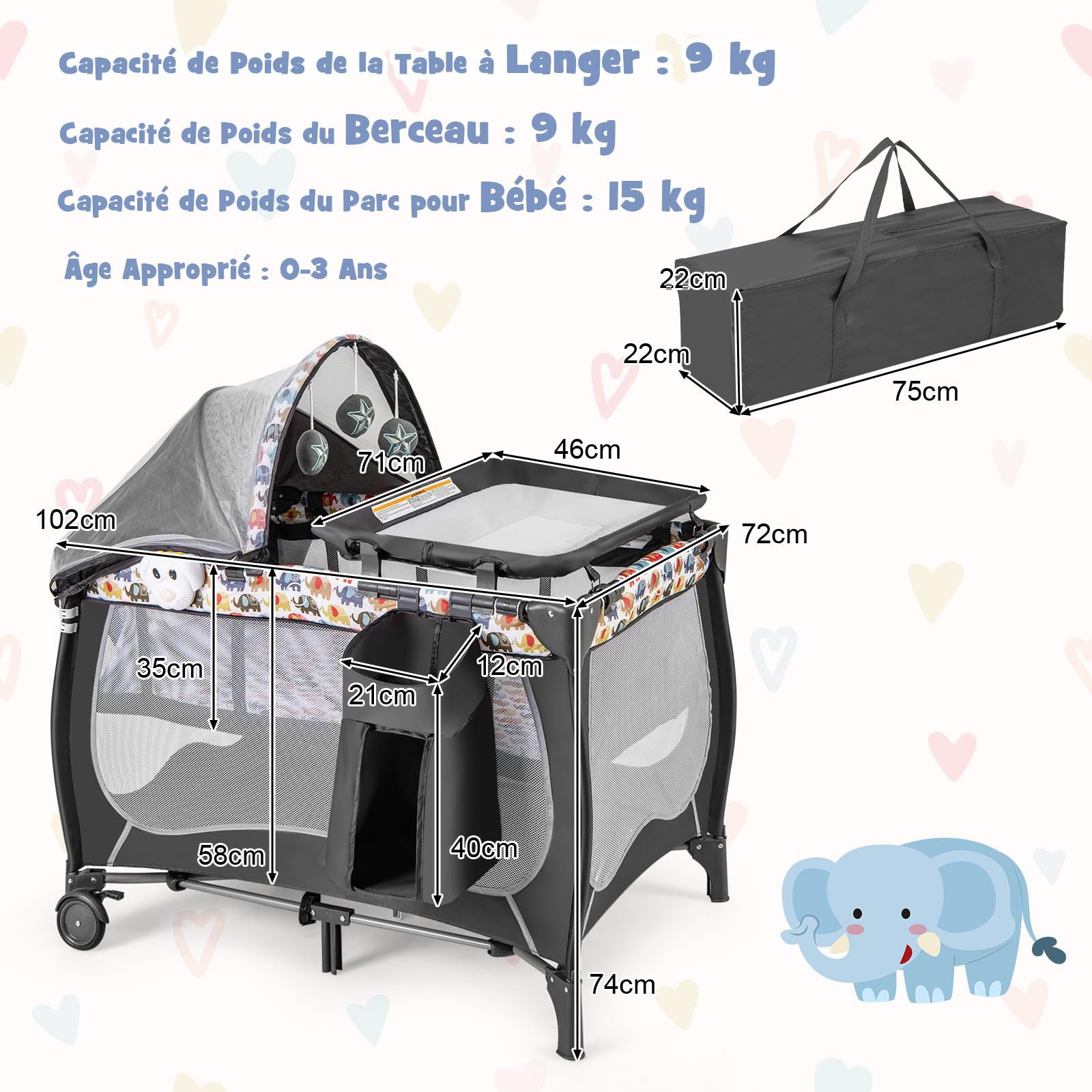 COSTWAY 5 en 1 Lit Parapluie Bébé avec Matelas & Moustiquaire, Lit Bébé Evolutif avec Table à Langer, 3 Jouets Mignons & Boîte à Musique, Sac de Transport, Charge 9kg pour 0-36 Mois