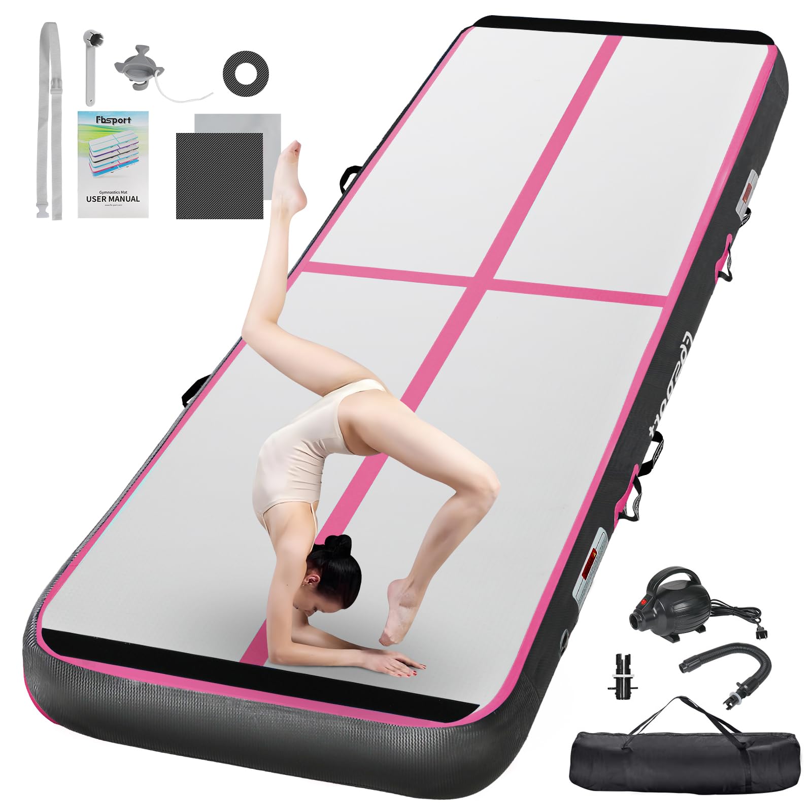 FBSPORT Inflatable Air Gymnastics Mat Training Mats 4/8 inches Thickness  Gymnastics Tracks for Home Use/Training/Cheerleading/Yoga/Water with Pump