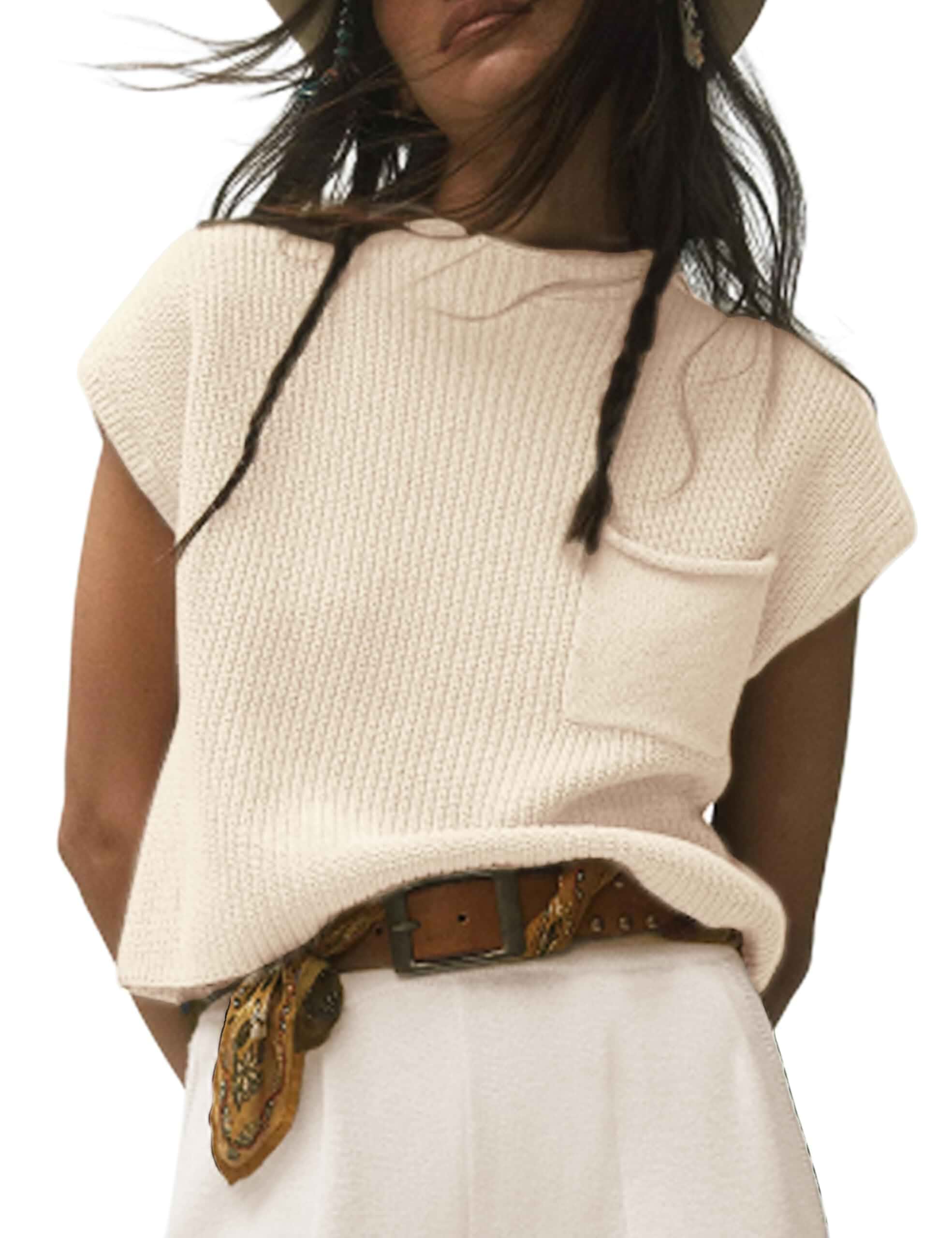 Himosyber Women's Solid Sleeveless Vest Mock Neck Cap Sleeve Knitwear Sweater Tops Cap Sleeve · Loose
