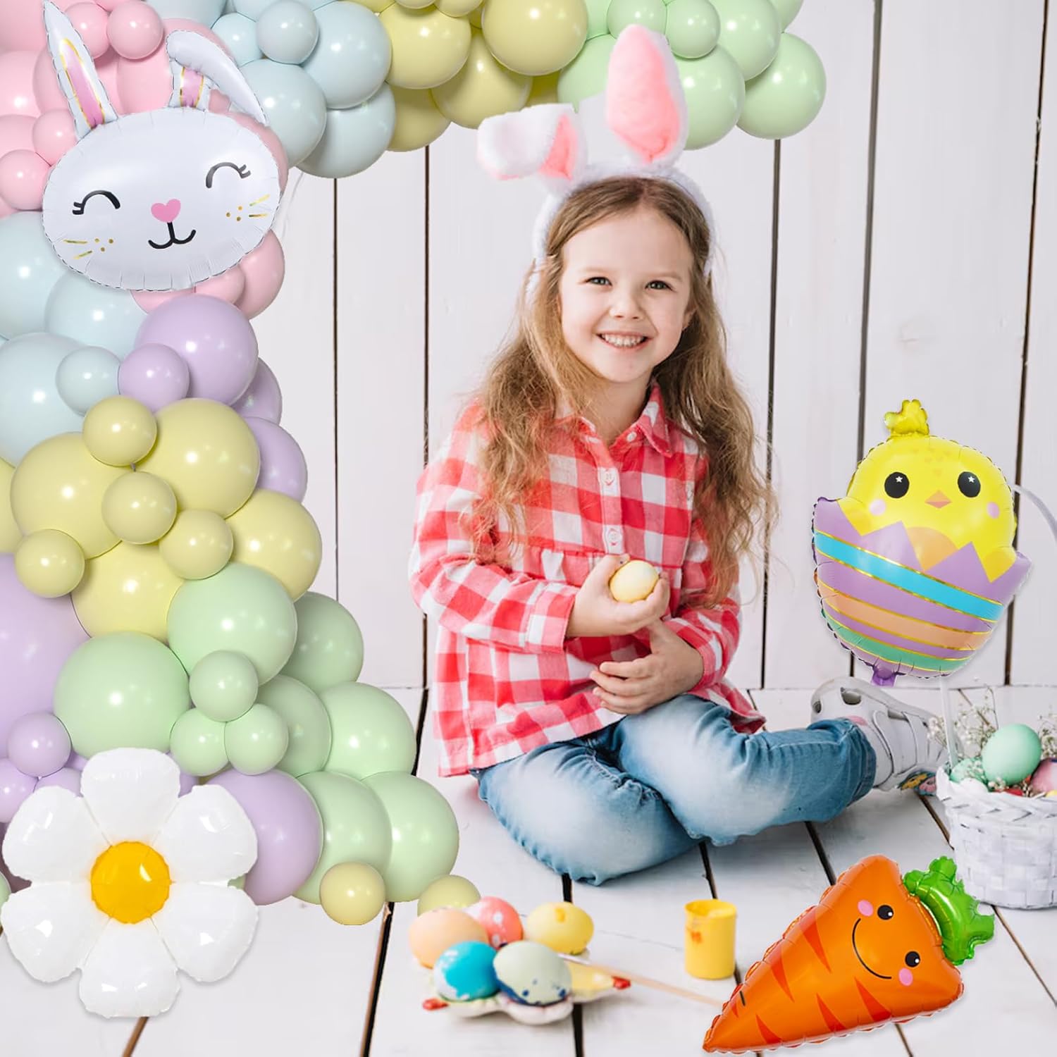 Easter Balloon Arch Kit, Easter Party Decorations With Pastel Balloons, Bunny Carrot Chick Daisy Foil Balloons For Spring Easter Bunny Themed Birthday Baby Shower Party Decorations