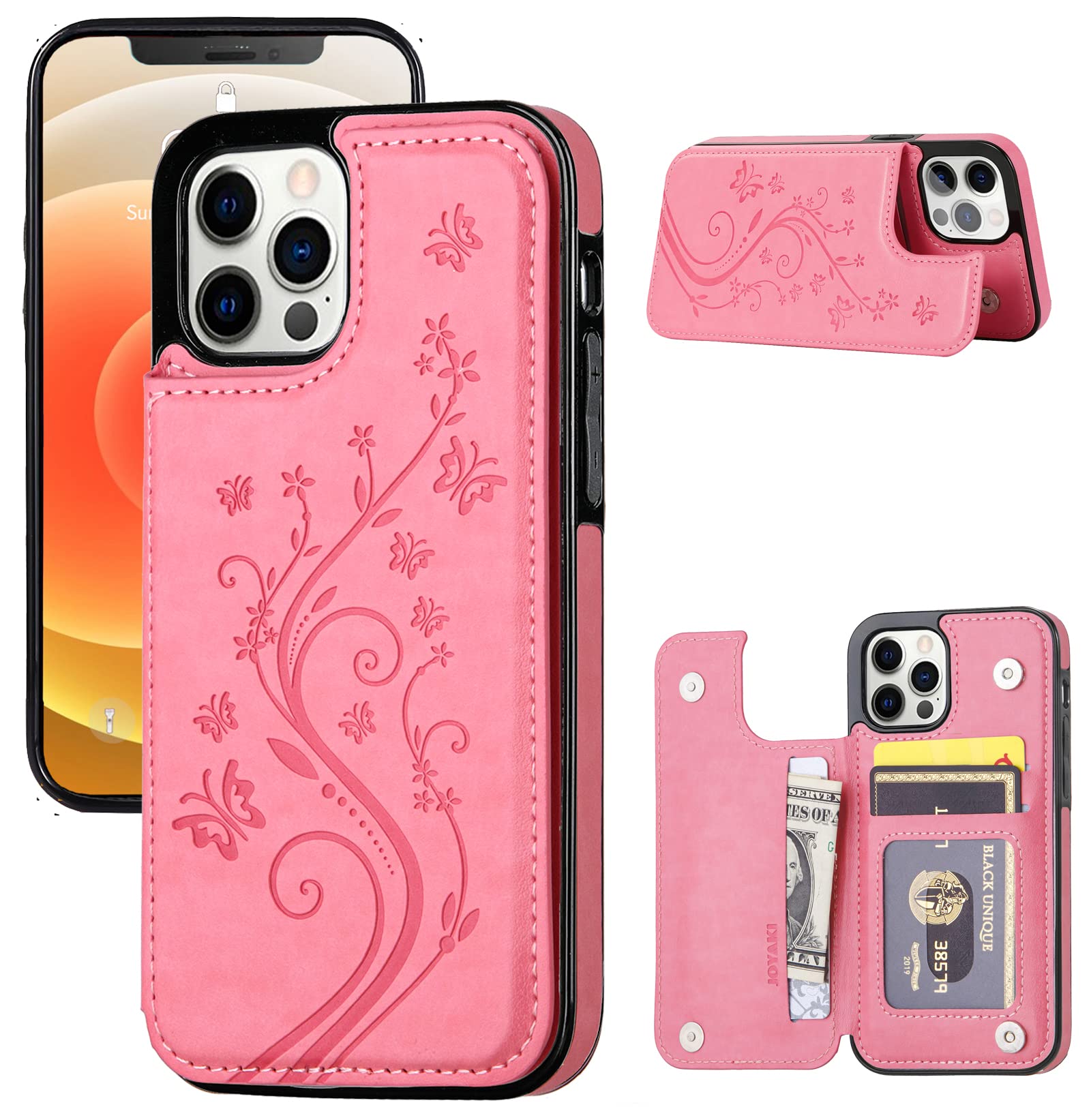 Étui portefeuille pour iPhone 12 Pro/12, étui de protection fin avec porte-cartes et motif papillon en relief, béquille en cuir synthétique de qualité supérieure, avec verre de protection