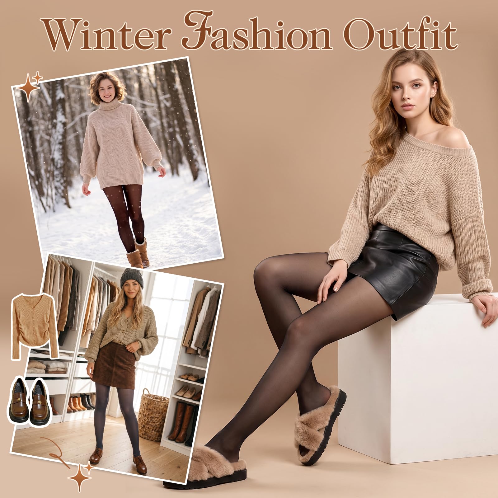 HONGTEYA Thermo-Leggings für Damen, mit Fleece gefüttert, durchscheinend, dick, warm, durchscheinend