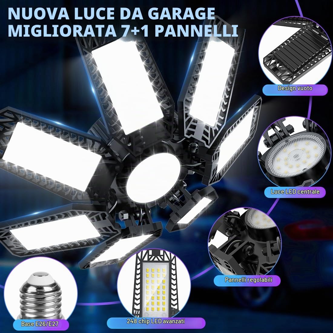 YIQIBRO Plafoniera LED Garage 200W 2 Pezzi, 20000LM 6500K Lampada da Garage Deformabile con 7+1 Pannelli Regolabili, E27/E26 Officina Plafoniera LED per Magazzino Ufficio Cantina Cucina Negozio