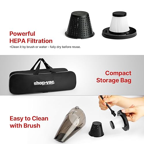 Miniatura 5 de Shop-Vac Aspiradora de coche de 12 V, aspiradora portátil con potente succión de 7000 Pa, aspiradora de mano con cable de 16 pies y bolsa de