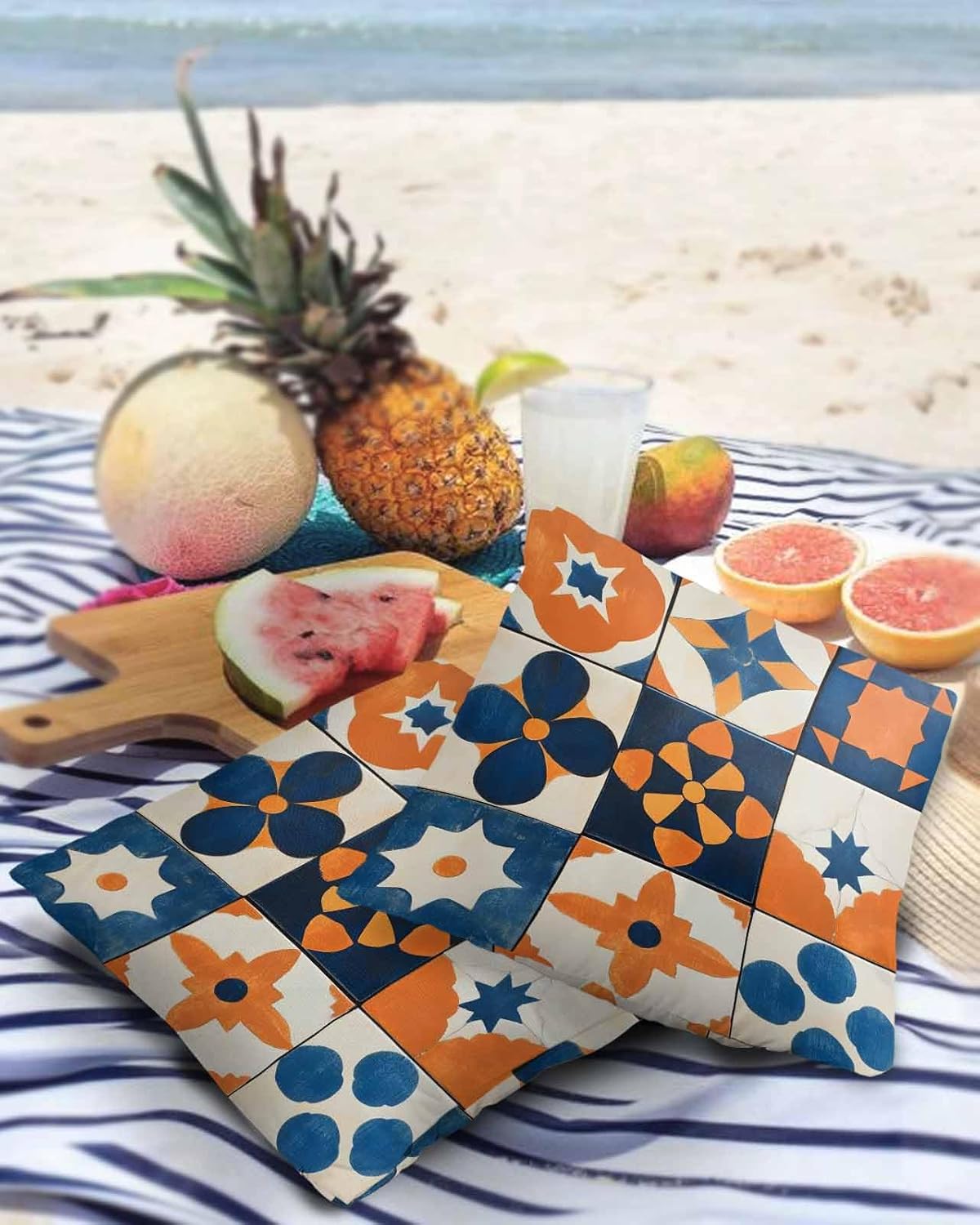 Abstract Outdoor Waterproof Pillow Covers Pack of 2, Orange Blue Floral Color Block Geometric Retro Art Decorative Throw Pillowcases Polyester Cushion Covers for Garden Patio Sofa Couch, 24x24 inch