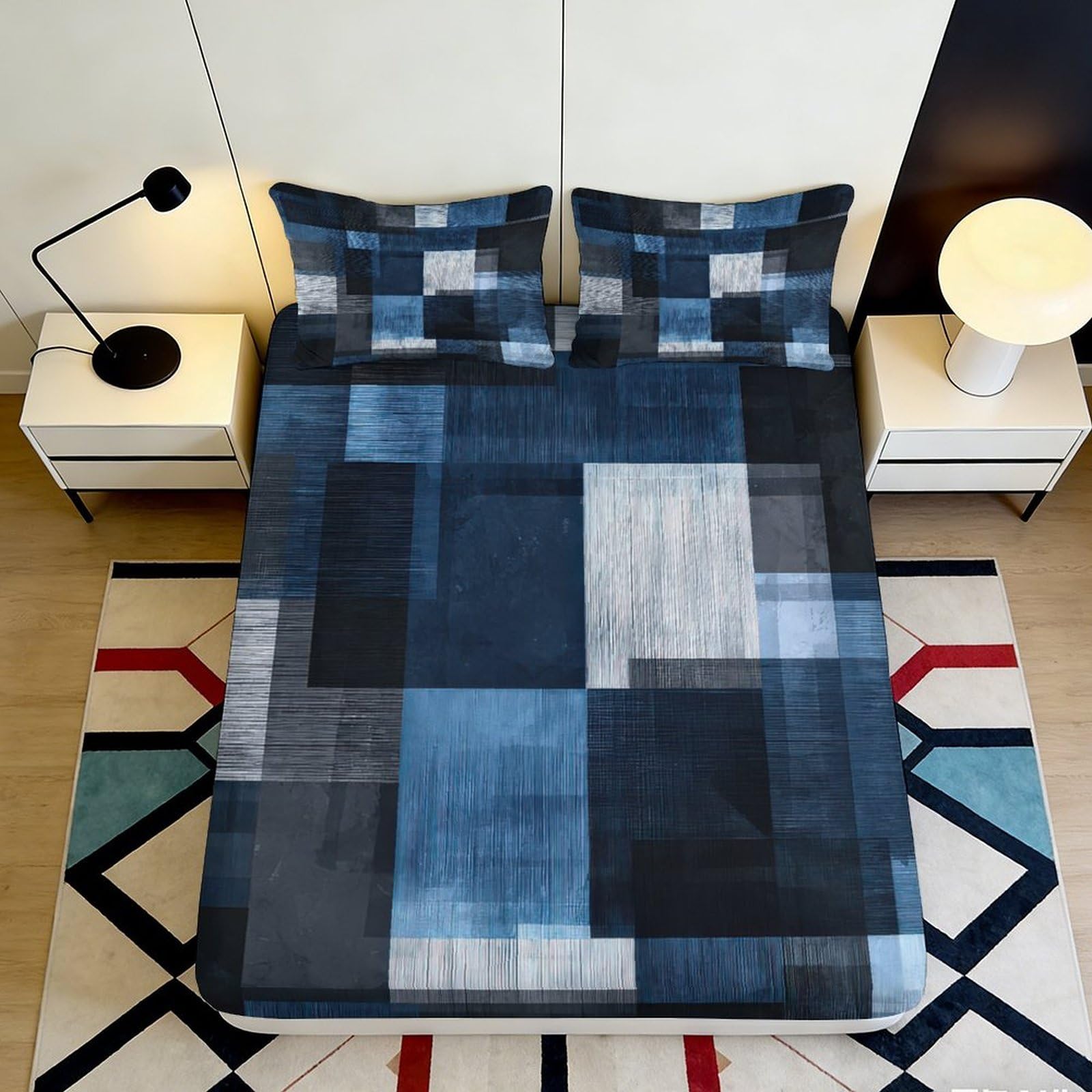 3D Printed Blue Geometric Fitted Sheet Microfiber Soft Breathable Abstract Pattern Mattress Cover for Bedroom Dormitory Guest Room Mattress Protection 90x200x25cm