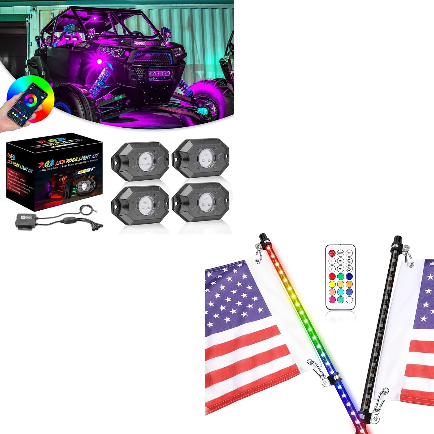 Niwaker RGB Rock Lights Kits 4 Pods with 4ft Smoked Black LED Whip Light