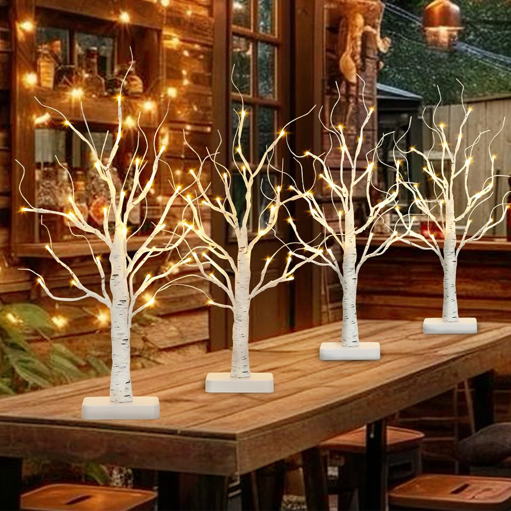 EAMBRITE 4 Pack Lighted Birch Tree, Easter Artificial Tree Battery Operated Timer with 24 Warm White Lights, Tabletop Tree Easter Decorations Centerpiece with for Wedding Room Home Decor
