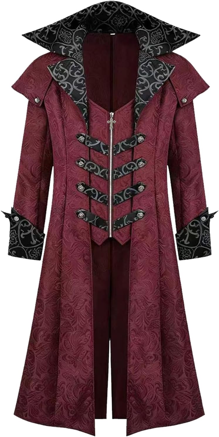 Men's Gothic Steampunk Tailcoat Medieval Vampire Jacket Coat Halloween Cosplay Party Costume.