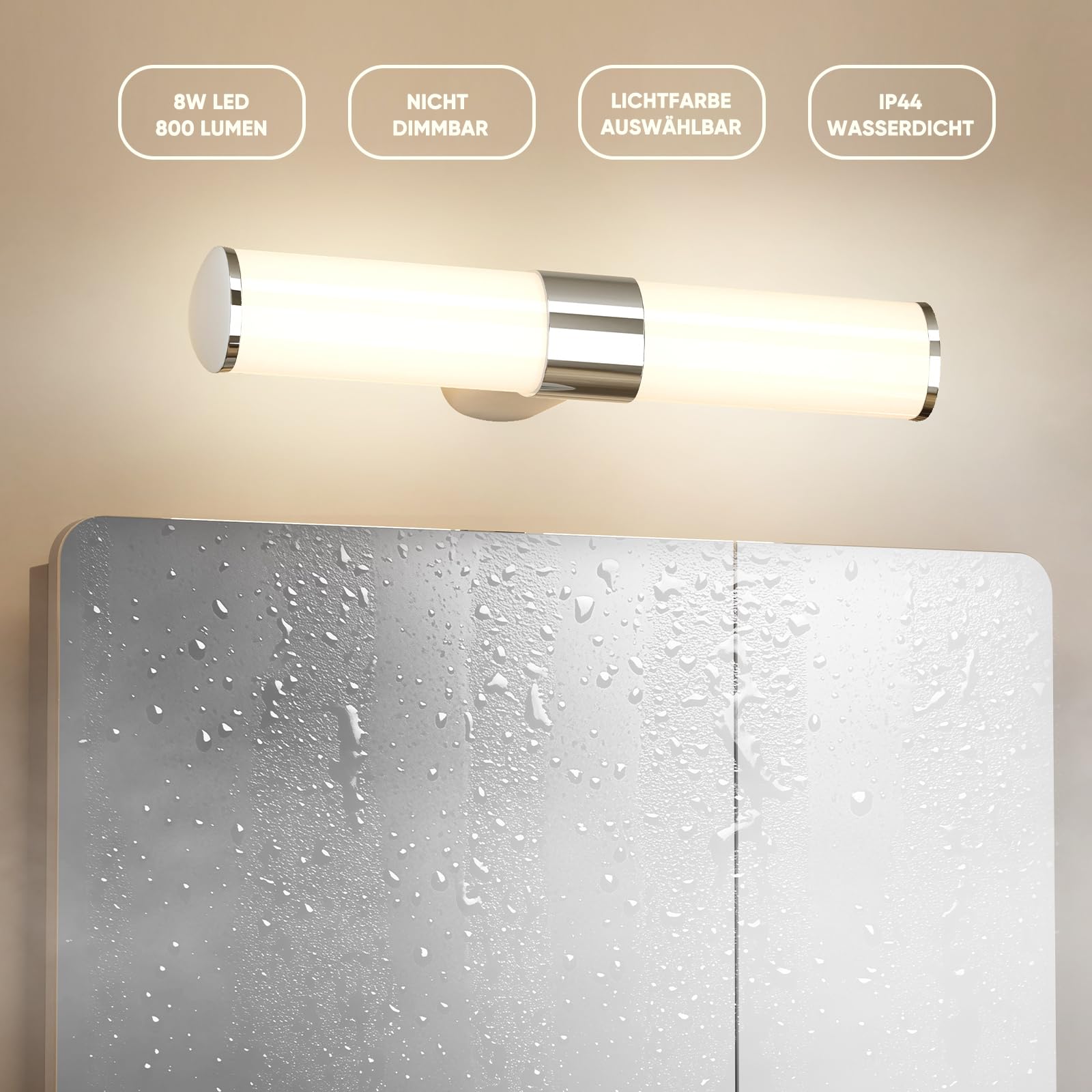 LED Spiegelleuchte Badezimmer, 8W 800Lm Wandlampe Innen über Spiegel Bad Spiegelschrank, 40CM Breit Spiegellampe, 230V, 3 Lichtfarben Modi, Nicht Dimmbar, Silber Chrom, Kein Schalter