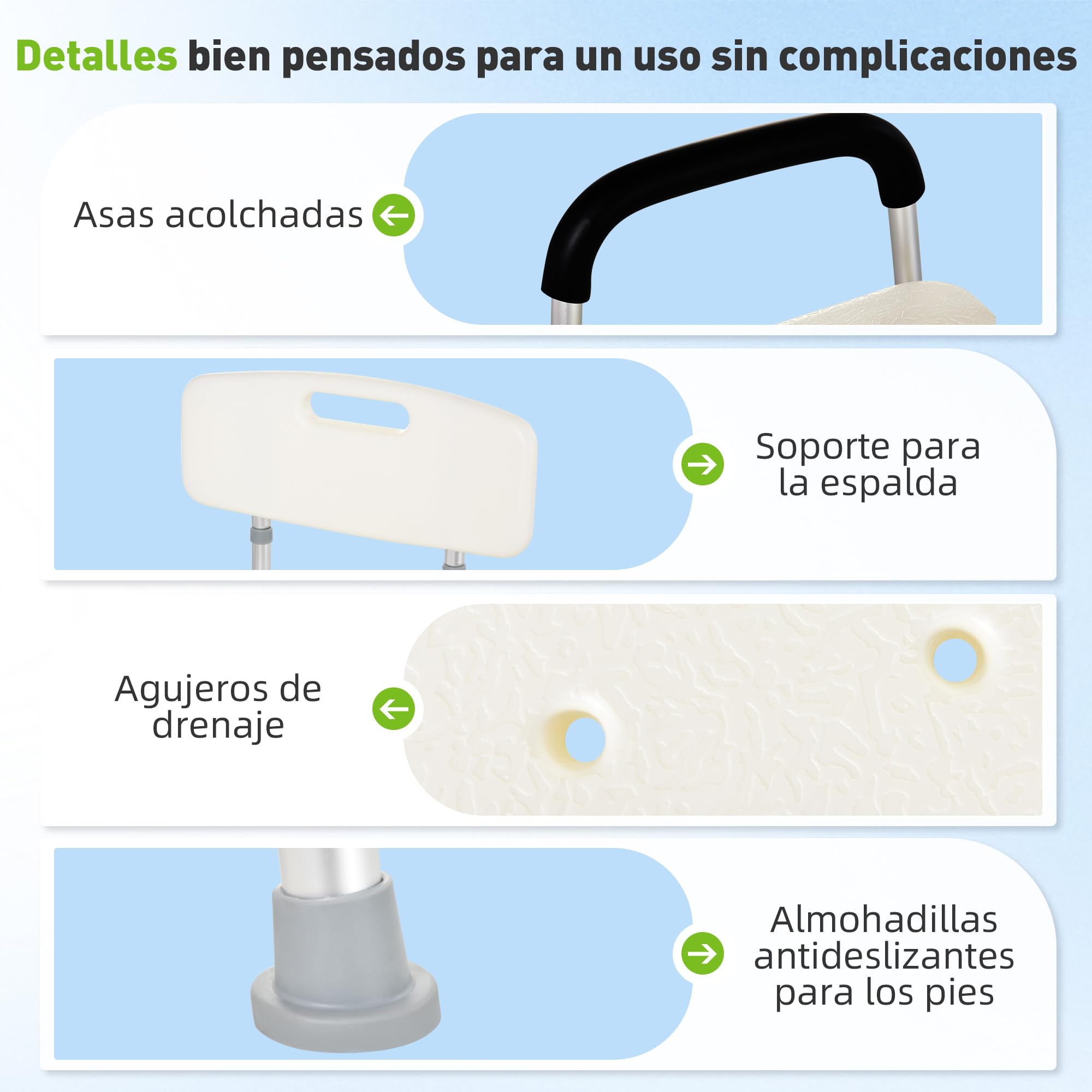 HOMCOM Silla Ducha Personas Mayores Taburete de Ducha Silla para Ducha con Respaldo Altura Regulable Antideslizante y Apoyabrazos Carga 136 kg Ayuda para Baño para Ancianos y Discapacitados