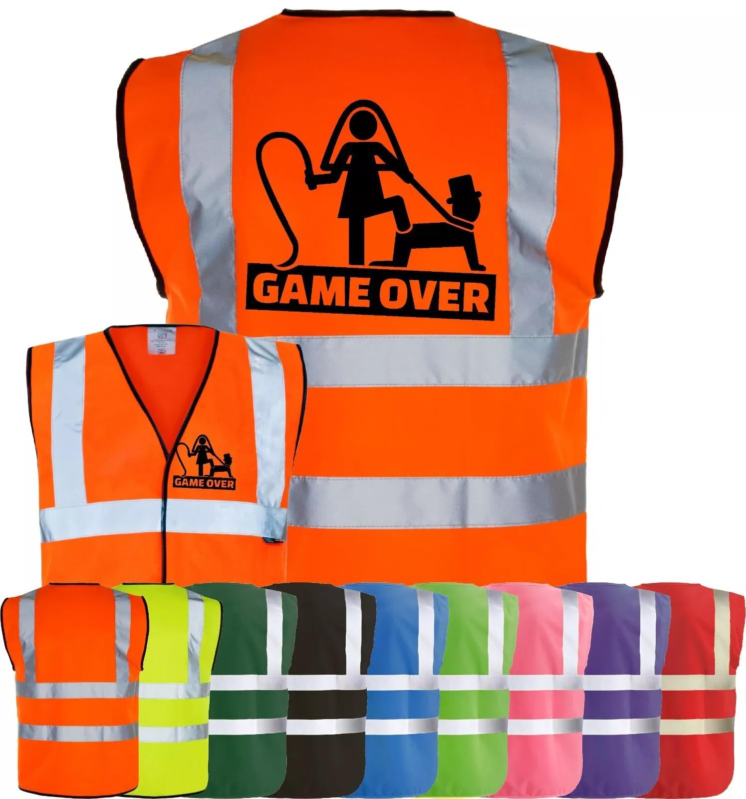 Corporate Togs GAME OVER Funny Hi Vis Vest, Stag Do Party Wedding Groom Printed Vest, Reflective Trim, Fully EN471 Health & Safety Compliant Gear, Small-XXXL | Safety Vests