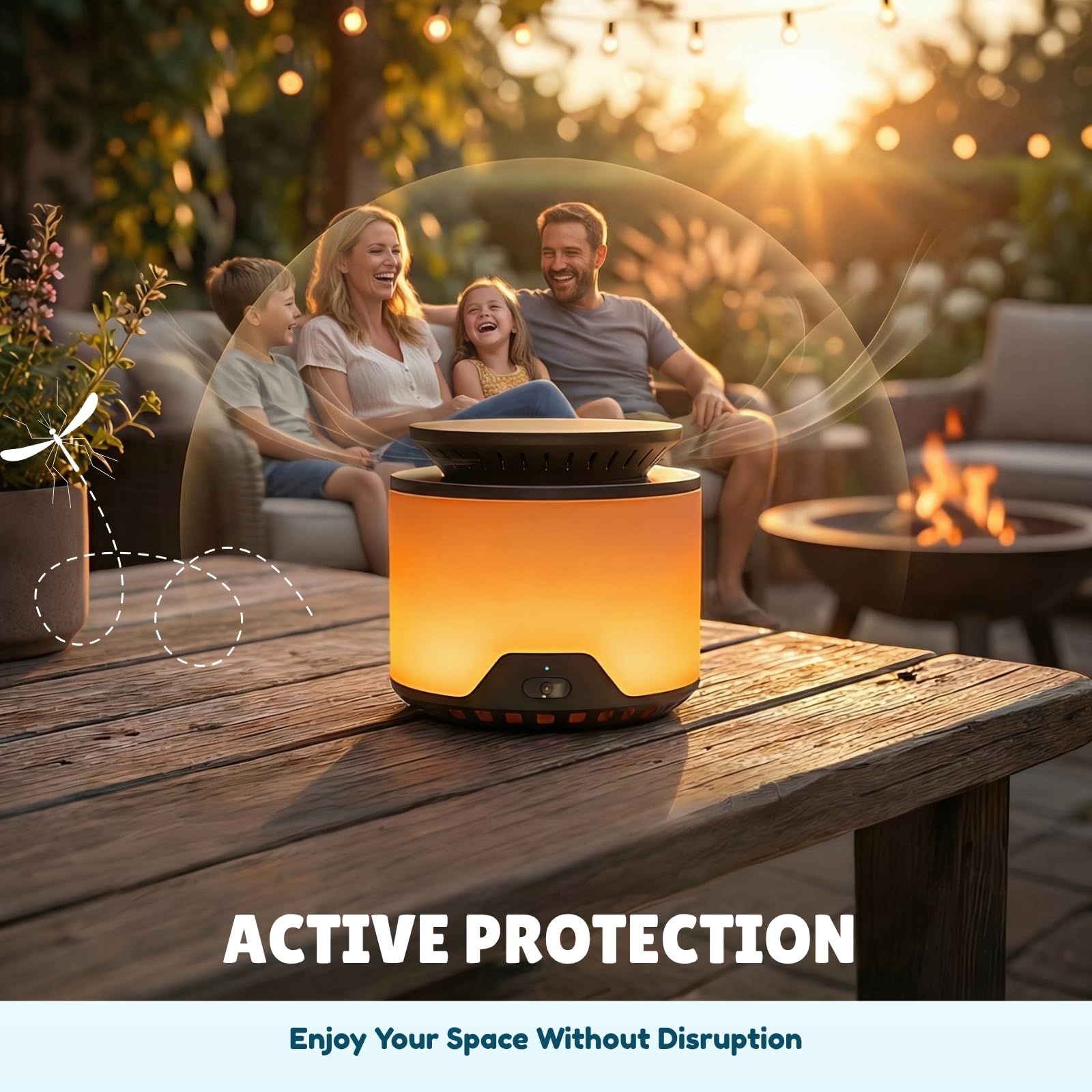 Répulsif anti-moustiques d'extérieur rechargeable avec système de cartouche botanique alimenté par ventilateur, lumière ambiante ambrée, batterie 1500 mAh, charge USB-C, 2 cartouches incluses