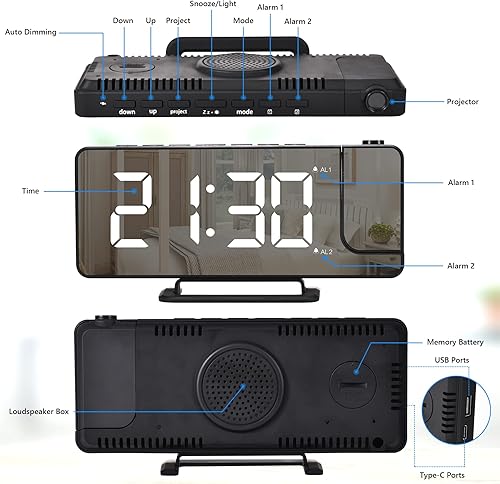 Miniatura 8 de U-pick Reloj despertador digital de proyección para dormitorios, reloj despertador LED de espejo grande de 7.3 pulgadas con cargador USB para