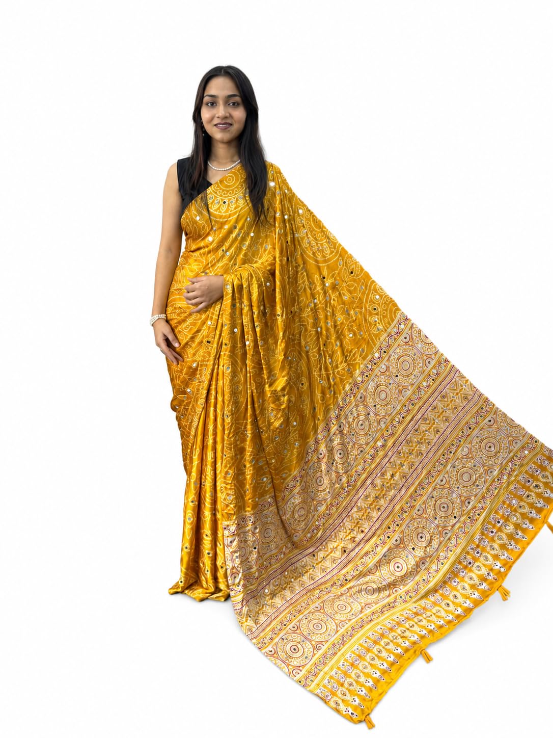 Women's Super Hit Ajrakh Printed Modal Design Lunch Real Mirror Work Semi Gajji Silk Soft and Smooth Saree & Blouse (Unstitched)-picture-35
