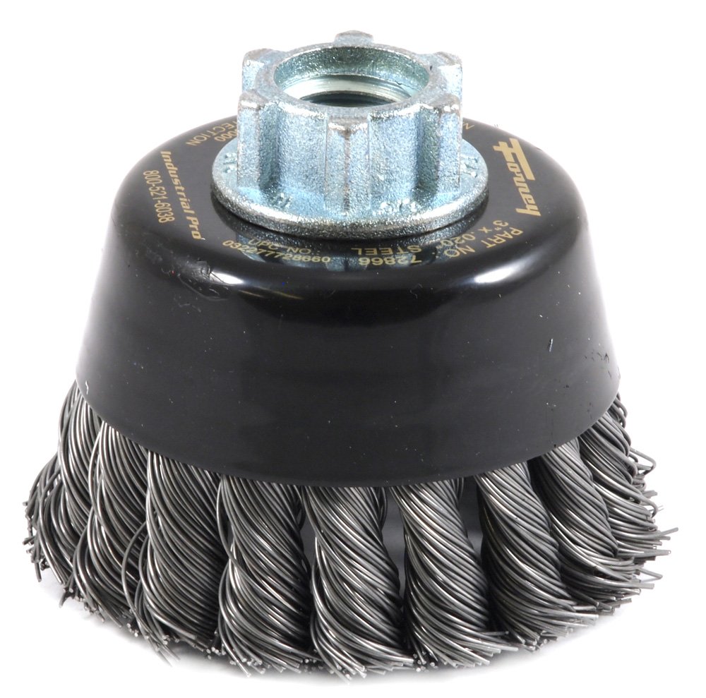 Forney 72866 Wire Cup Brush, Industrial Pro Twist Knot with 5/8-Inch-11 and M14-by-2.0 Multi Arbor, 3-Inch-by-.020