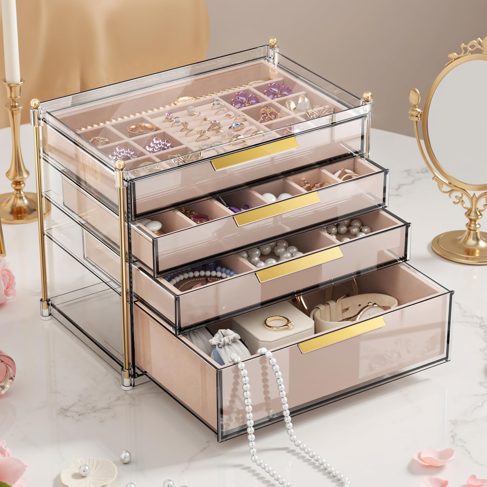 IJIAMY Schmuckkasten mit 4 Ebenen, Schmuckkästchen Groß, Schmuck Organizer mit Glasdeckel für Halsketten, Ohrringe, Uhren, Armbänder, Schmuckaufbewahrung, Modern, Cinderella Plus