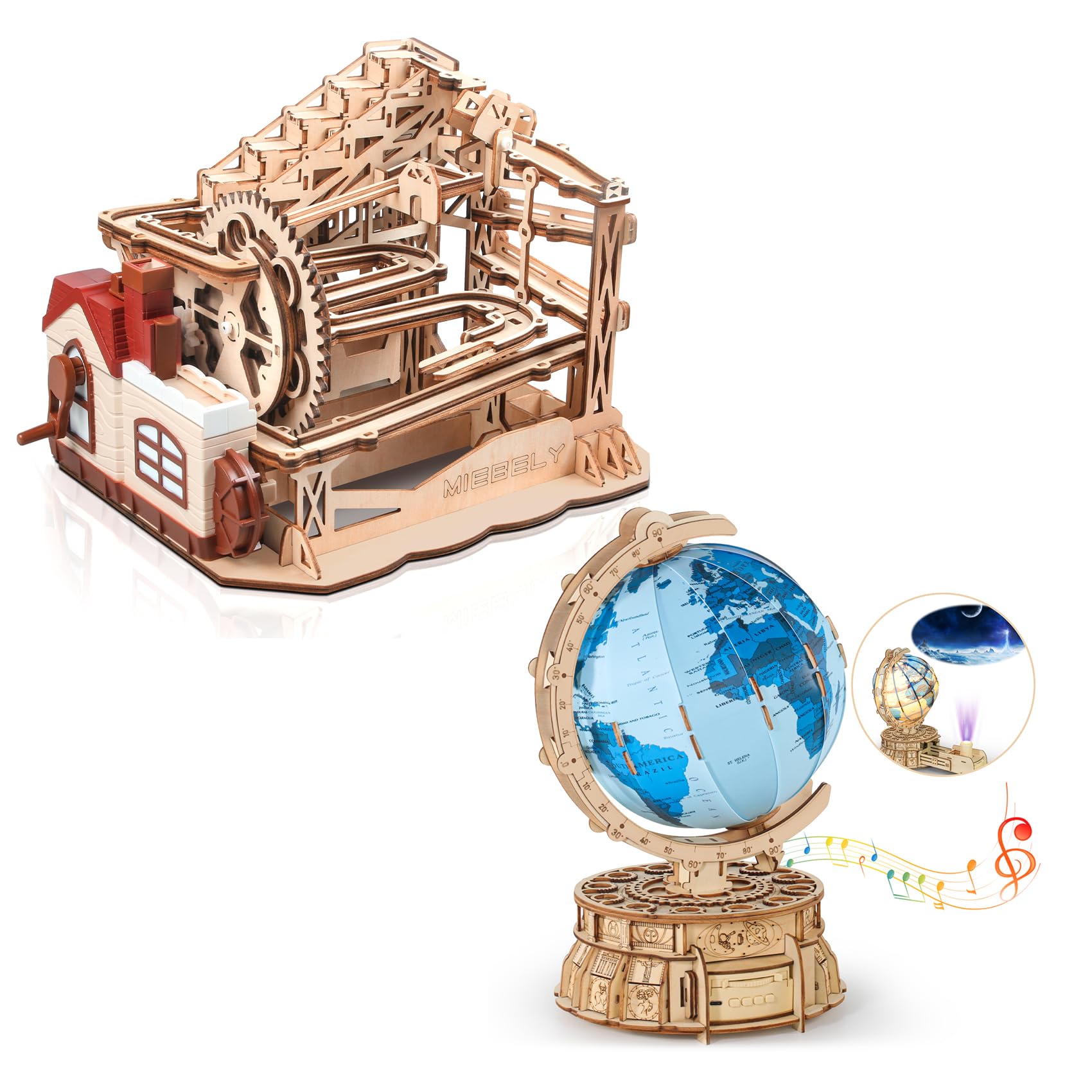 MIEBELY3D Wooden Puzzles for Adults Bundle Set - Marble Run Model Building Kits & Illuminous Music Box Globe, Unique Gift Hobby for Boys Girls Family