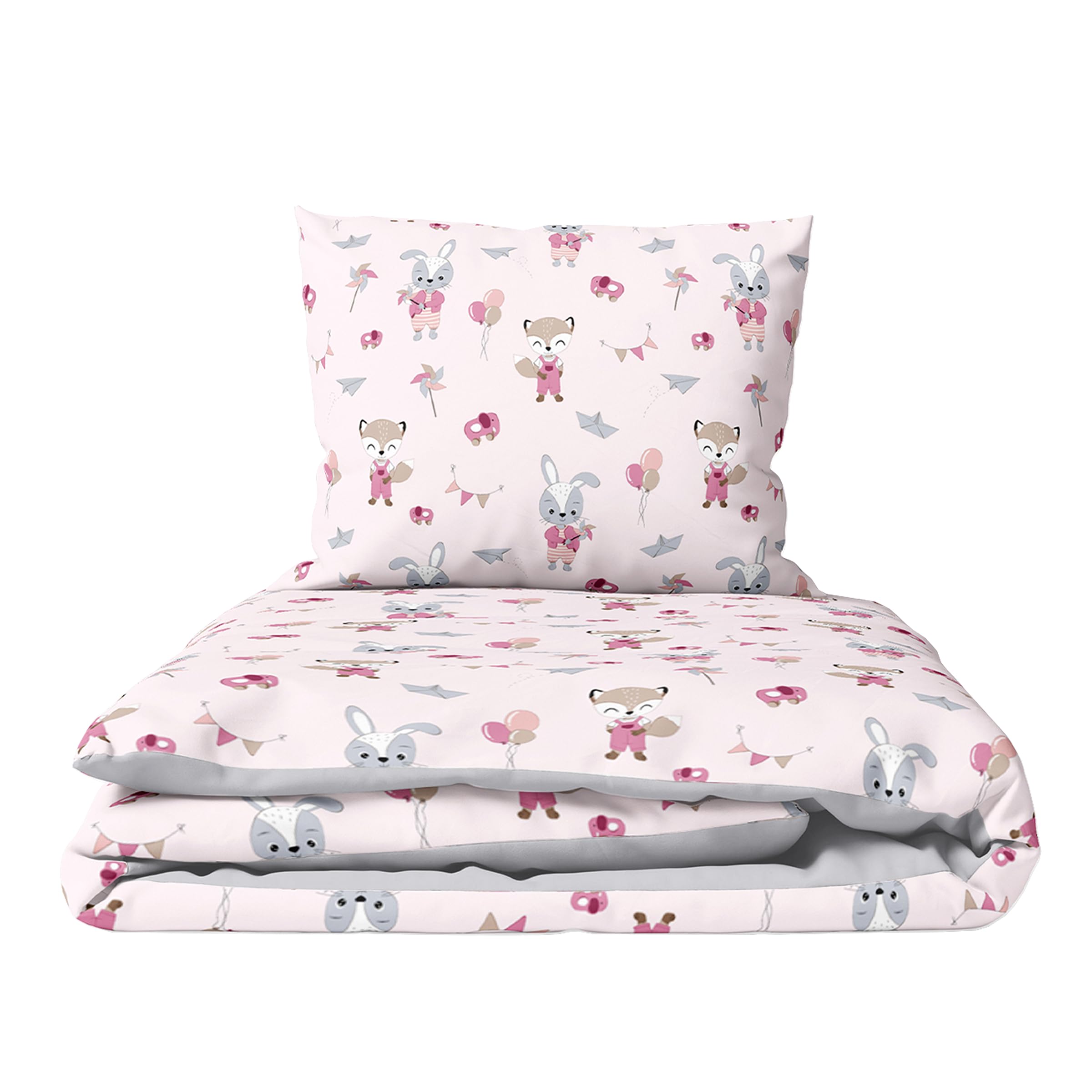 Baby Comfort 2-Piece Toddler Duvet & Pillow Set - 100x75 cm - 100% Cotton Breathable Fabric - Machine Washable Quilted Bedding for Cot Bed 12M+ (Foxes and Rabbits)
