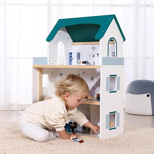 Miniatura 2 de OOOK Casa de muñecas de madera con elevador elevable, casa de muñecas moderna de 2.6 pies de alto para niños pequeños, incluye 21 muebles, 4 muñecas