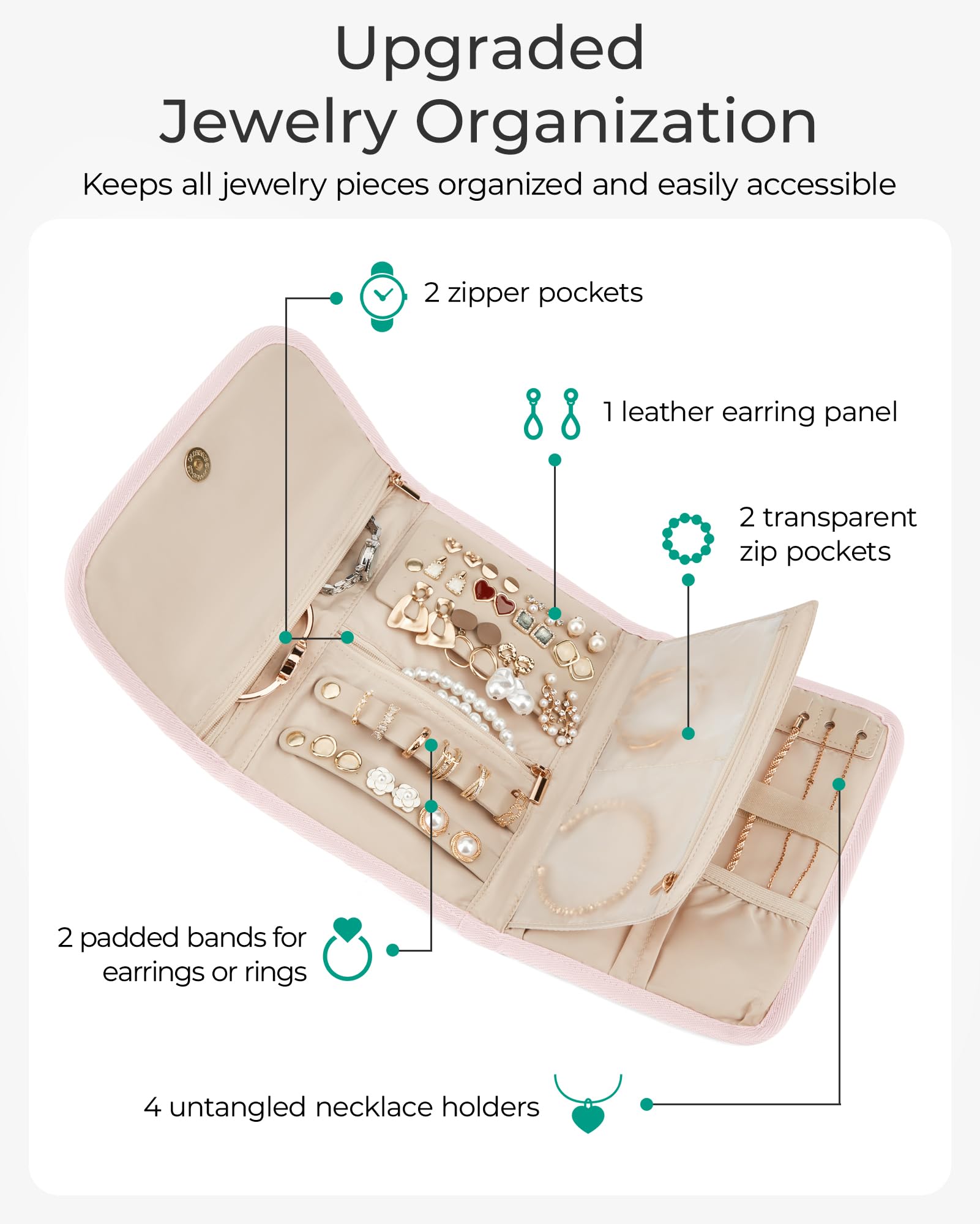 Organiseur de bijoux de voyage de grande capacité avec poche zippée - Pochette à bijoux pliable pratique pour bagues, colliers, bracelets, boucles d'oreilles, cadeaux de voyage pour femmes et filles