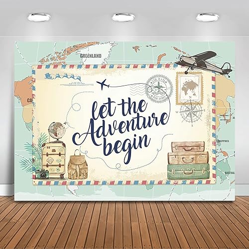 Mocsicka Fondo de 7 x 5 pies con texto en inglés "Let The Adventure Begin", decoración de fiesta de baby shower, mapamundial, mapa mundial, viajes,