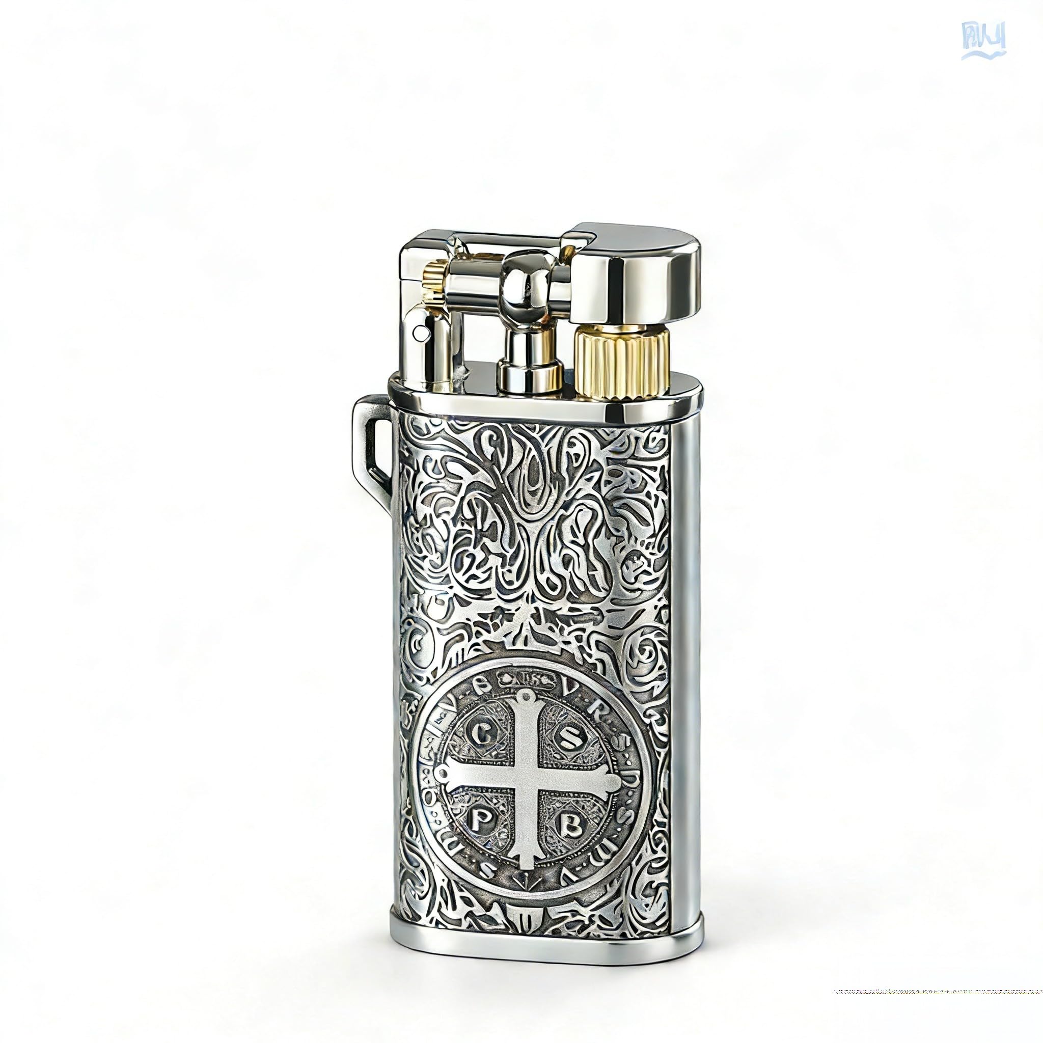 Vintage Floral Cross Carved Side Wheel Trench Butane Lighter Lift Arm Open Flame Refillable Butane Lighter for Daily (Sliver)