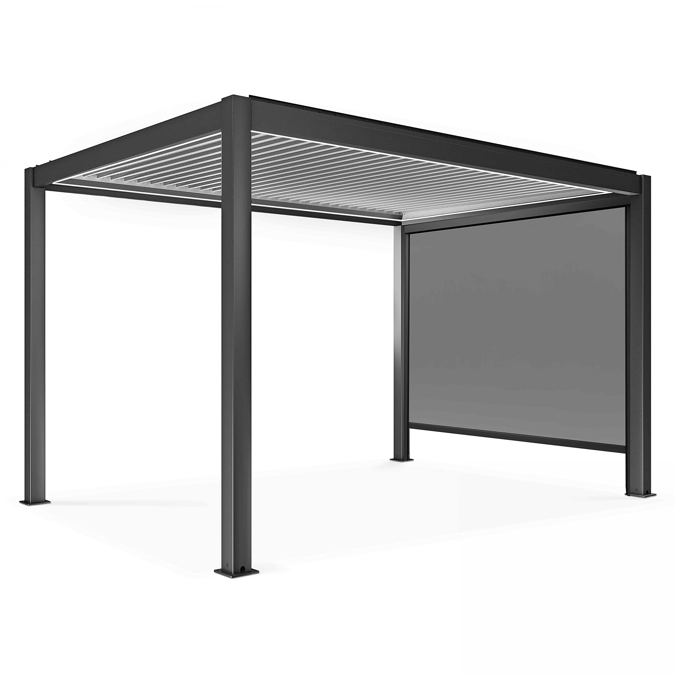 Pergola bioclimatique autoportée motorisée et éclairée 3x4m et 1 store