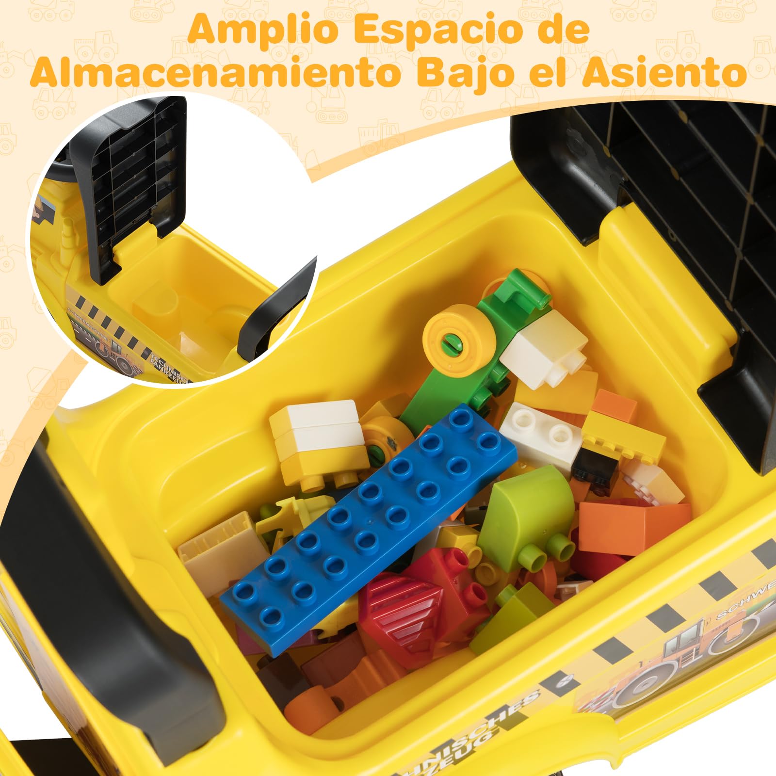 COSTWAY Coche Correpasillos para Niños, Excavadora de Nieve de Paseo Infantil con Remolque y Pala, Almacenamiento Oculto, Música, Bocina, Excavadora Correpasillos para Niños de 19-36 Meses(Estilo 2)