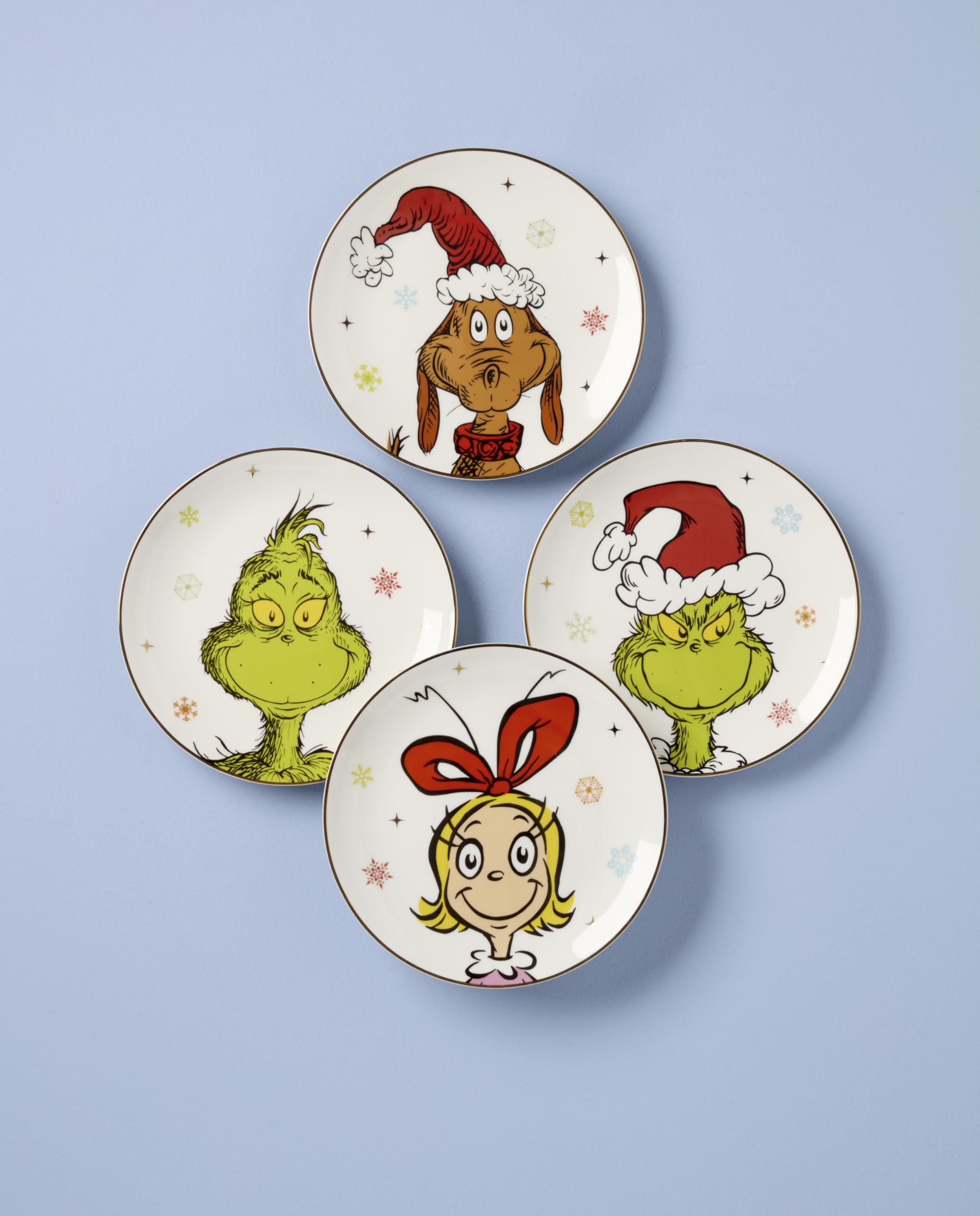Lenox Merry Grinchmas - Vajilla para 4 platos de porcelana, apto para microondas y lavavajillas, para pasta, ensalada y cena, decoración navideña (surtido de 4 piezas)