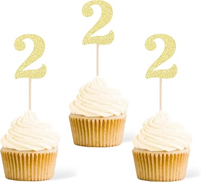 Gexolenu 24 PCS Gold Double-sided 2nd Birthday Cupcake Toppers, Glitter Age TWO Cake Picks Decor, Second Happy Birthday Party Decorations Baby Shower Anniversary Party Supplies