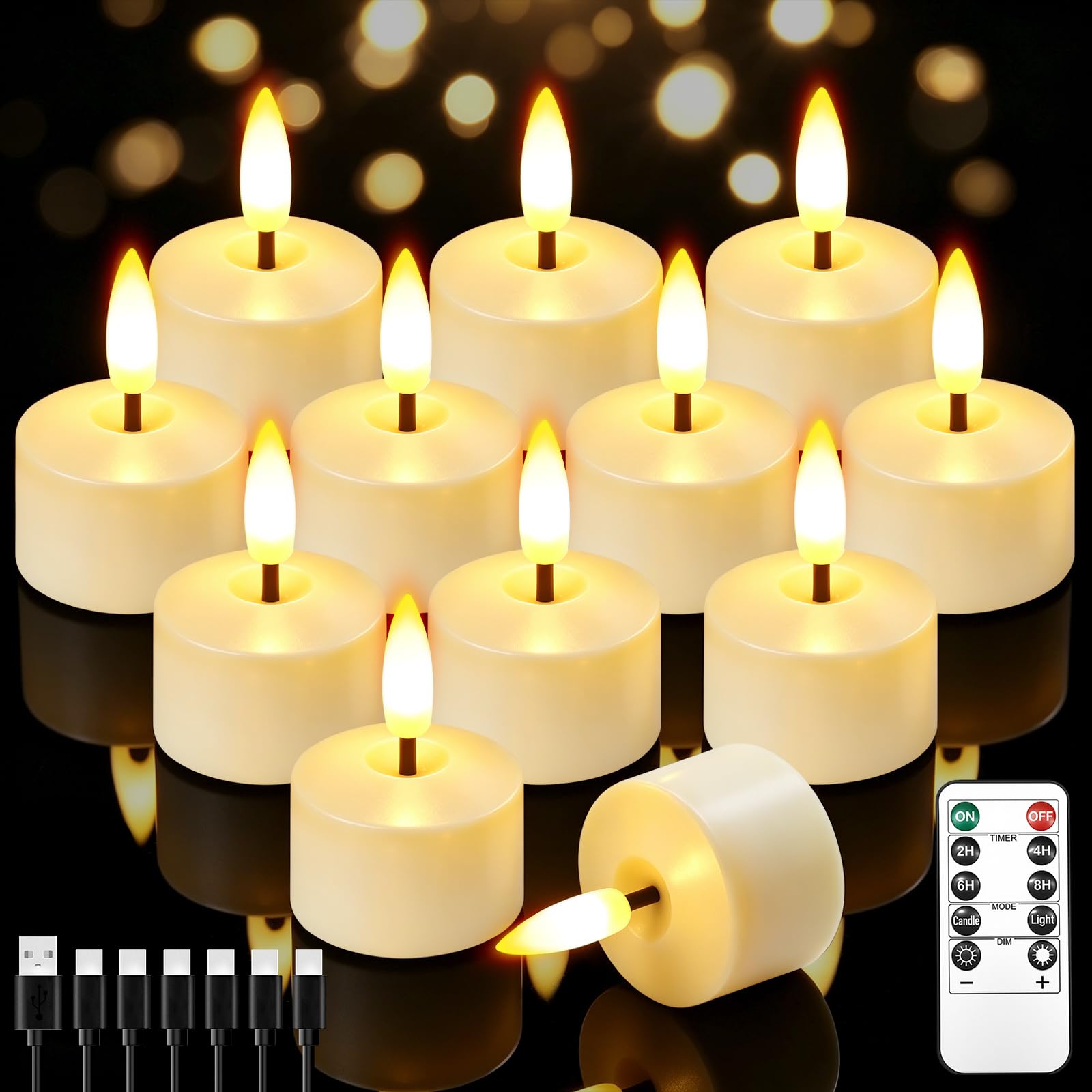 Lot de 12 bougies chauffe-plat rechargeables sans flamme avec télécommande minuterie, 4 cm x 5,5 cm, à piles pour décoration de maison, fête, anniversaire, mariage