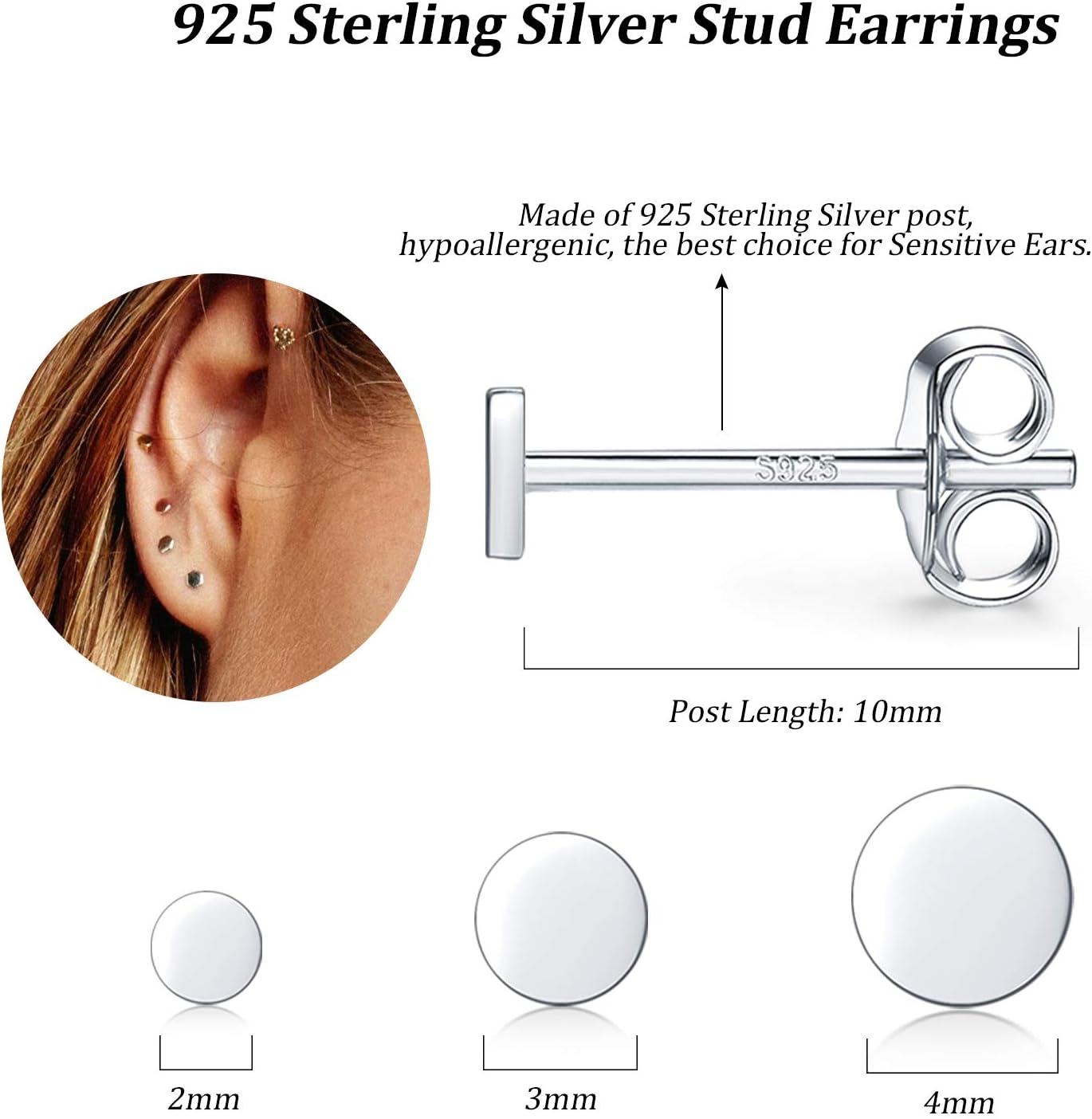 Sterling Silver Stud Earrings for Women Men, 3 Pairs Tiny Flat Dot Earrings Set | Small Round Disc Stud Earrings Dainty Cartilage Tragus Circle Triangle Earrings(Silver/Gold/Rose Gold) - Image 2