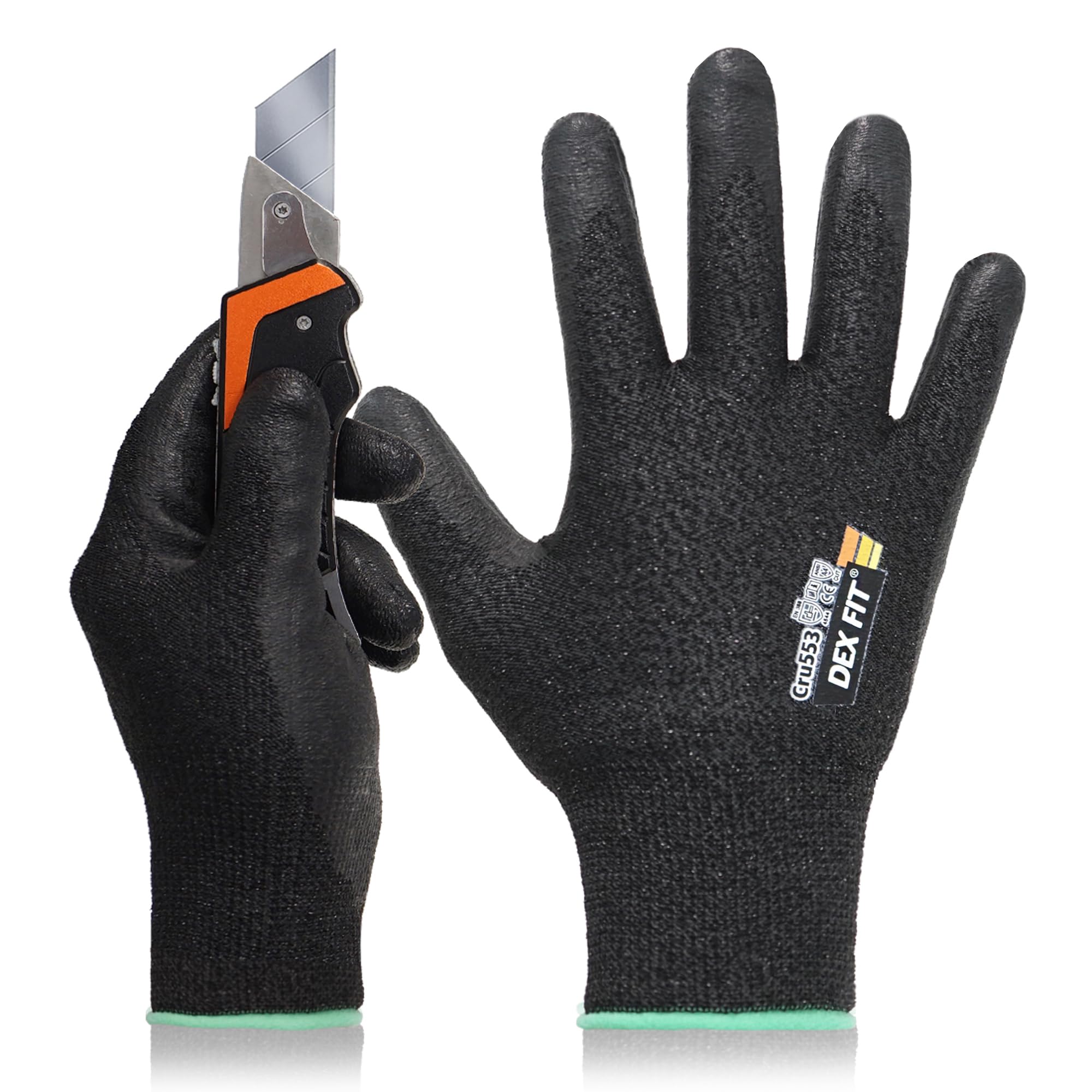 DEX FIT Level 5 Cut Resistant Gloves Cru553, 3D-Comfort Stretchy Fit, Power Grip, Professional Grade, Thin, Touch-Screen Compatible, Durable, Machine Washable; Black L (9) 1 Pair