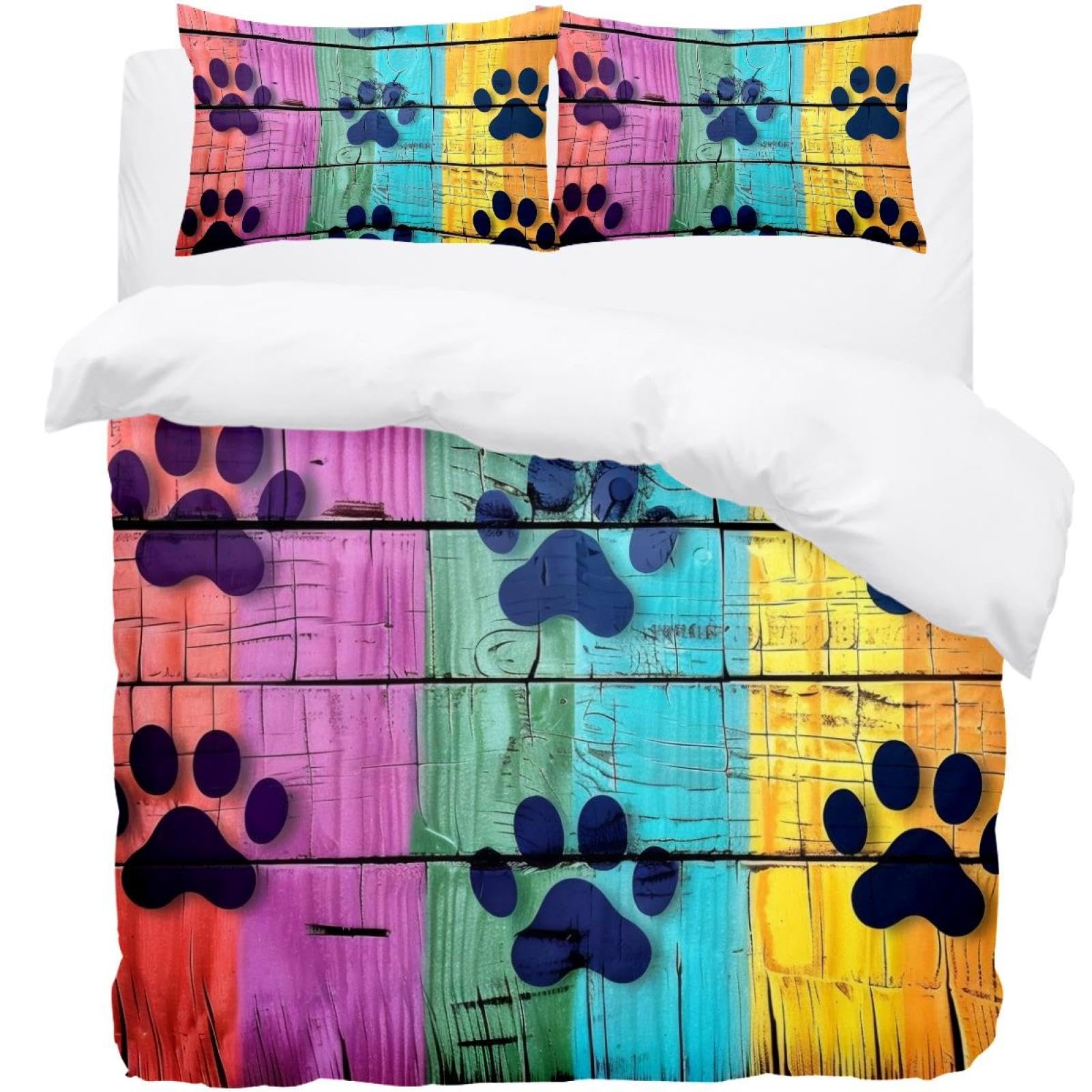 EslifeyRainbow Wooden Board Footprints Bedding Queen Duvet Set - Soft Microfibre Duvet Cover with 2 Pillow Cases - Bedding Quilt Cover Set