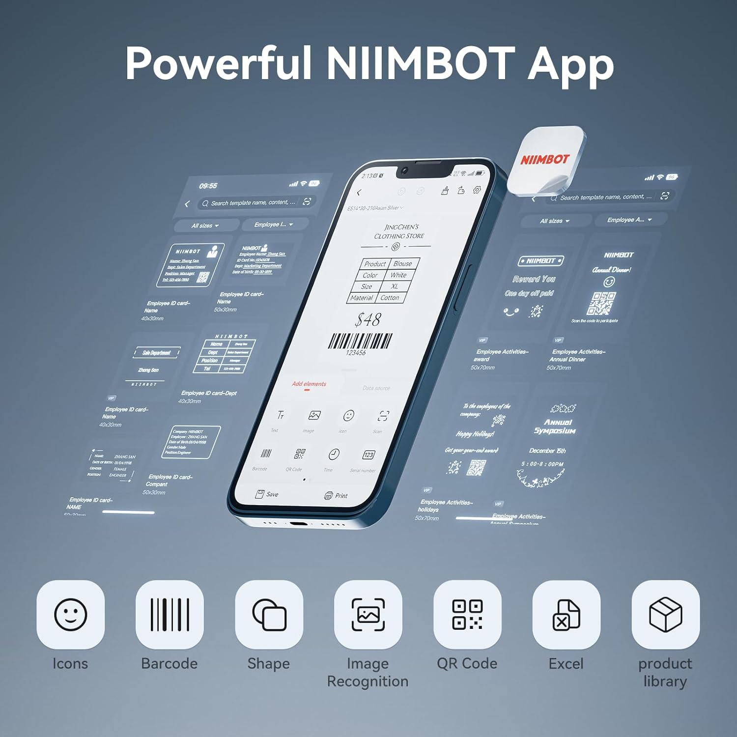 Screenshot of the NIIMBOT app interface on a smartphone, showcasing its powerful features for label design and editing.