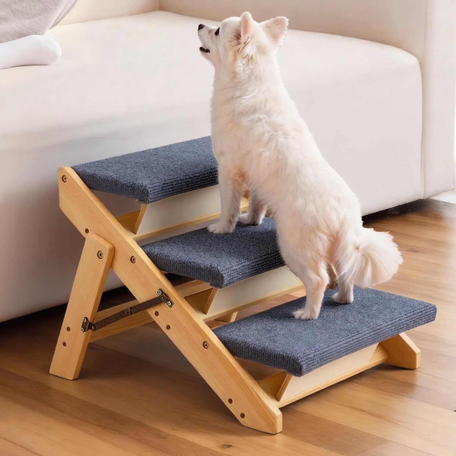VEVOR Hundetreppe 510x470x370 mm, 3-stufige Hautiertreppe, klappbare Holztreppe geeignet für kleine, mittlere, große, ältere Haustiere sowie Welpen bis 68 kg, Hundeleiter für Betten, Sofas & Autos