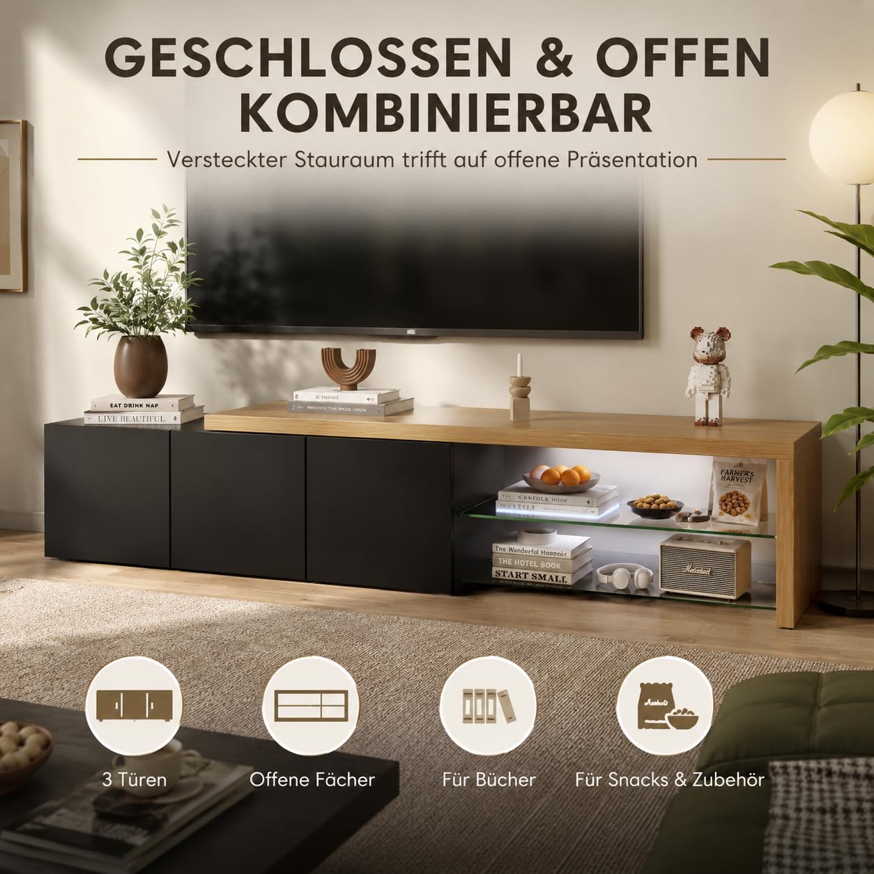 TV Lowboard mit Stauraum, Fernsehtisch mit 3 Türen und Glasablage, TV Bank für Fernseher bis zu 85 Zoll, Fernseh Sideboard für Wohnzimmer, Schwarz, 200x39x42cm