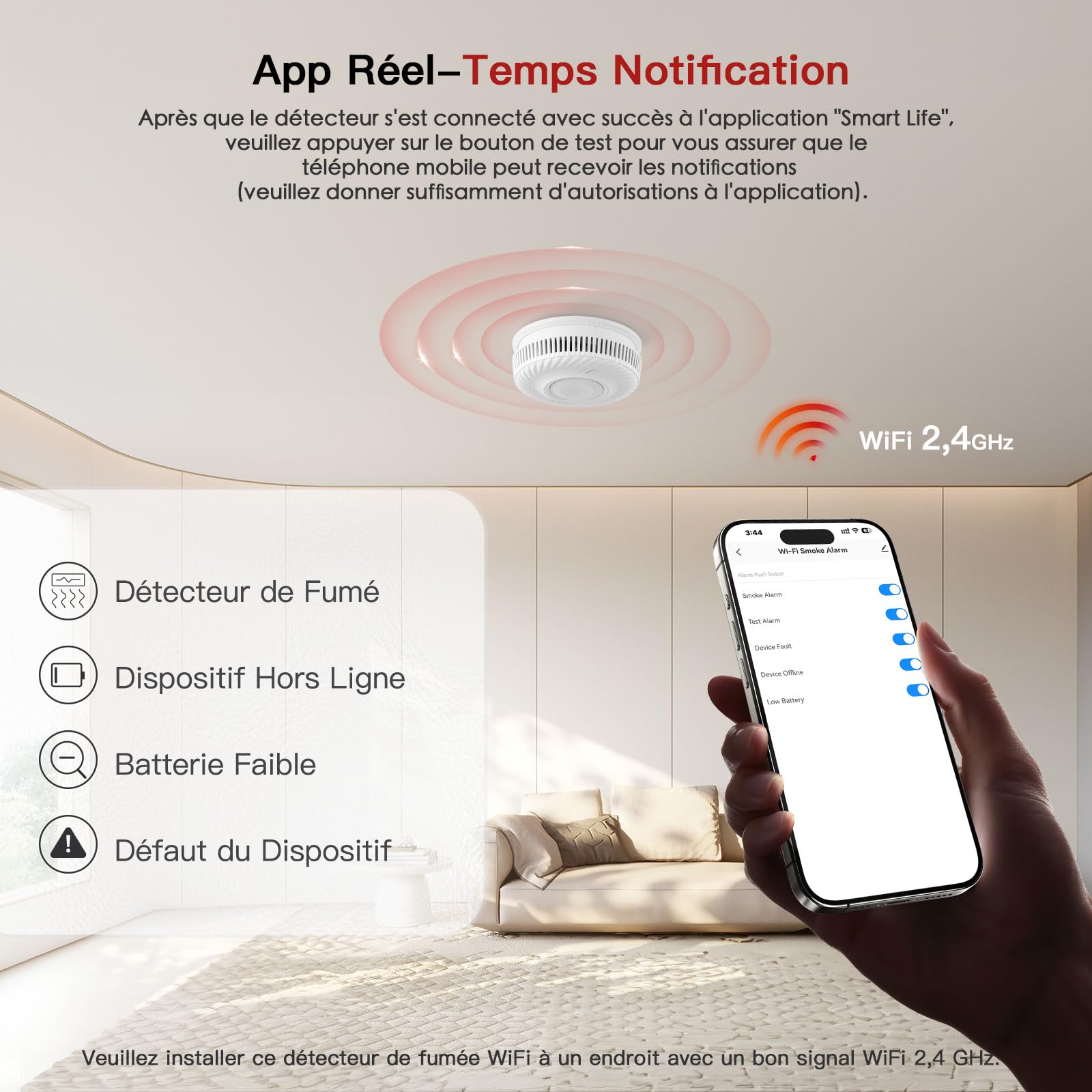 PHYSEN Détecteur de Fumée WiFi avec 10-Ans Batterie, Intelligent Alarme Incendie avec Capteur Photoélectrique Conforme à la Norme EN14604, Compatible avec Tuya/Smart Life APP, 3St
