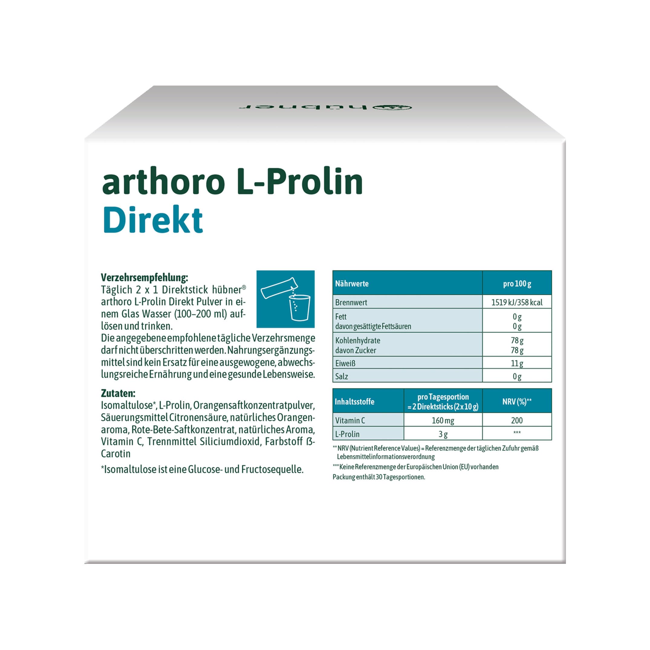Hübner Arthoro L-Prolin Direkt | Kollagenunterstützung | Mit Vitamin C | 60 Sticks