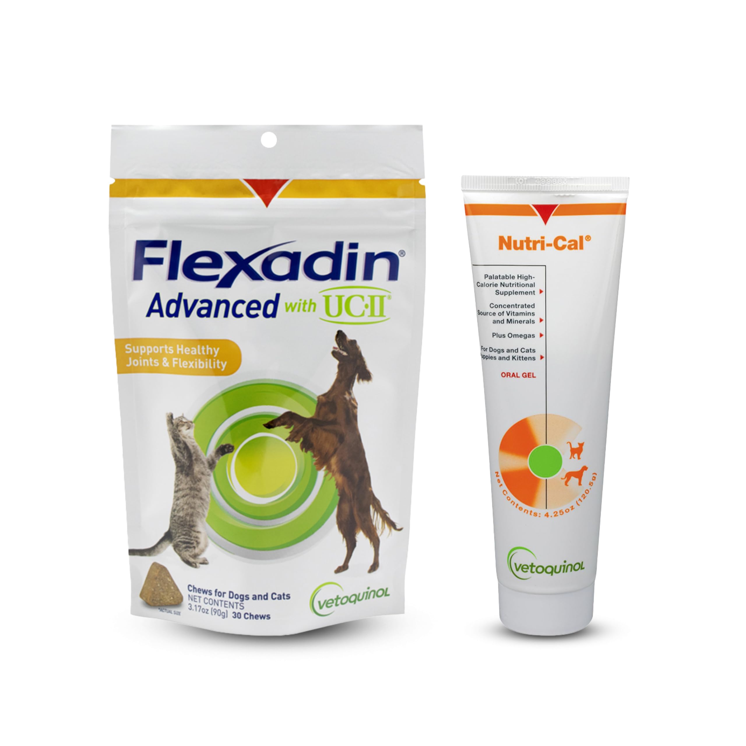 Vetoquinol Flexadin Advanced Hip and Joint Chews for Dogs and Cats and Nutri-Cal High Calorie Supplement Bundle