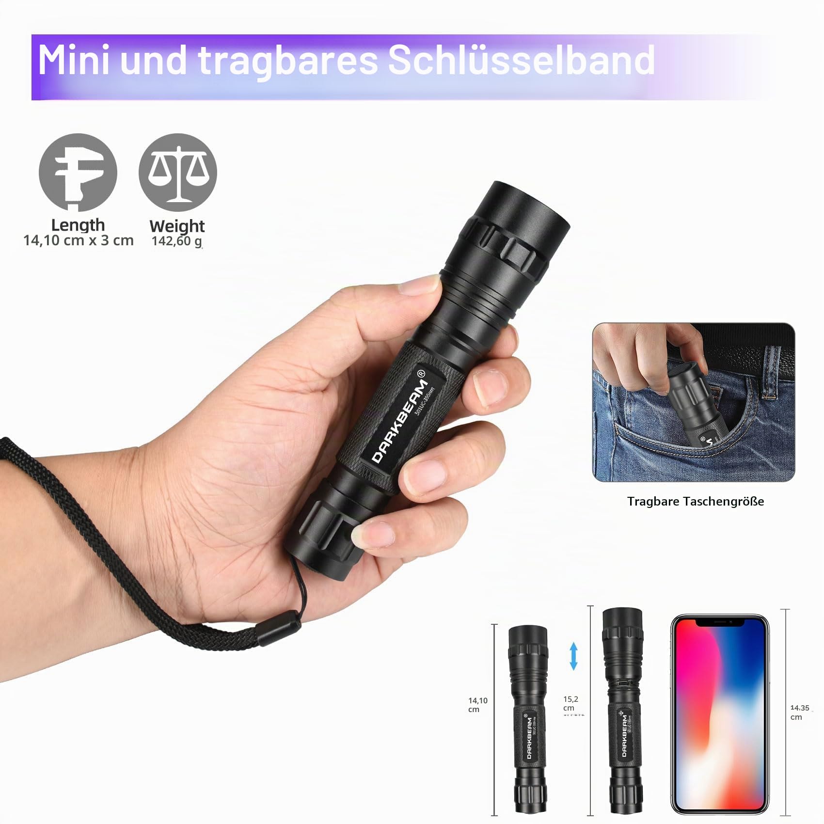 DARKBEAM Taschenlampe UV 395nm Schwarzlicht, Mini & Leistungsstarke Wood's Lamp USB-C LED Wiederaufladbares Schwarzlicht, 10W Tragbarer Haustier-Hundeurin-Detektor – Harzhärtung, Fluoreszierend