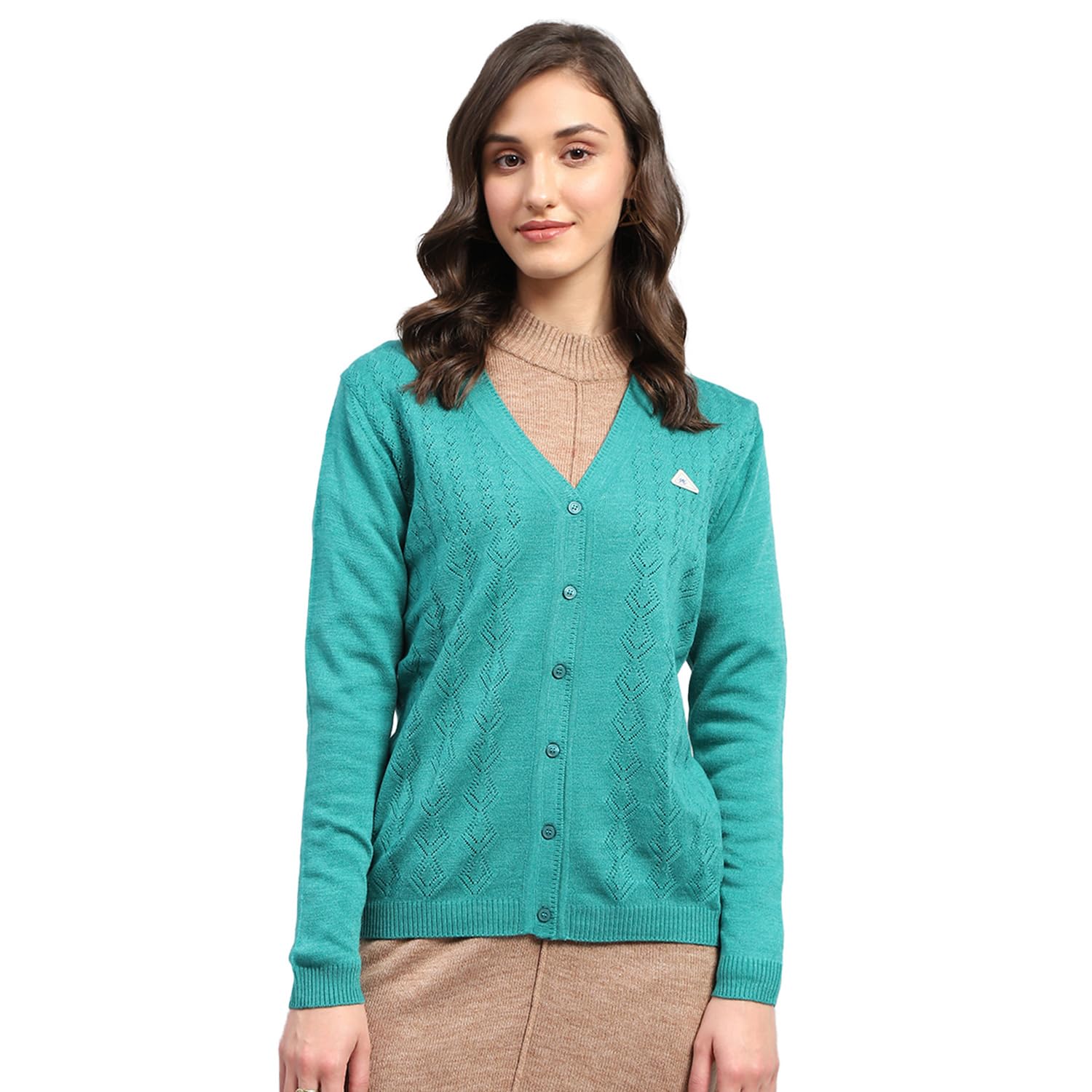 monte carlo Womens Self Design V Neck Wool Blend Cardigan Camel-picture-52