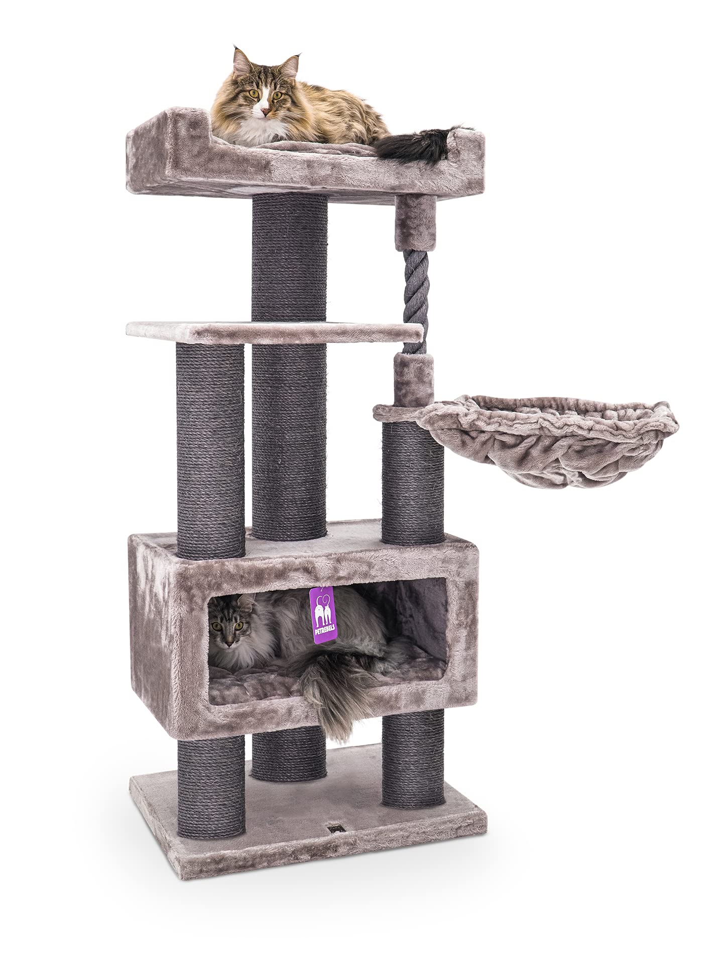 Petrebels Kratzbaum für Katzen 131 cm, Katzenbaum Stabil mit Sisalstämmen, Höhle, Hängematte und Liegeflächen, Parklane 131, Katzenkratzbaum für große und schwere Katzen, Cappuccino