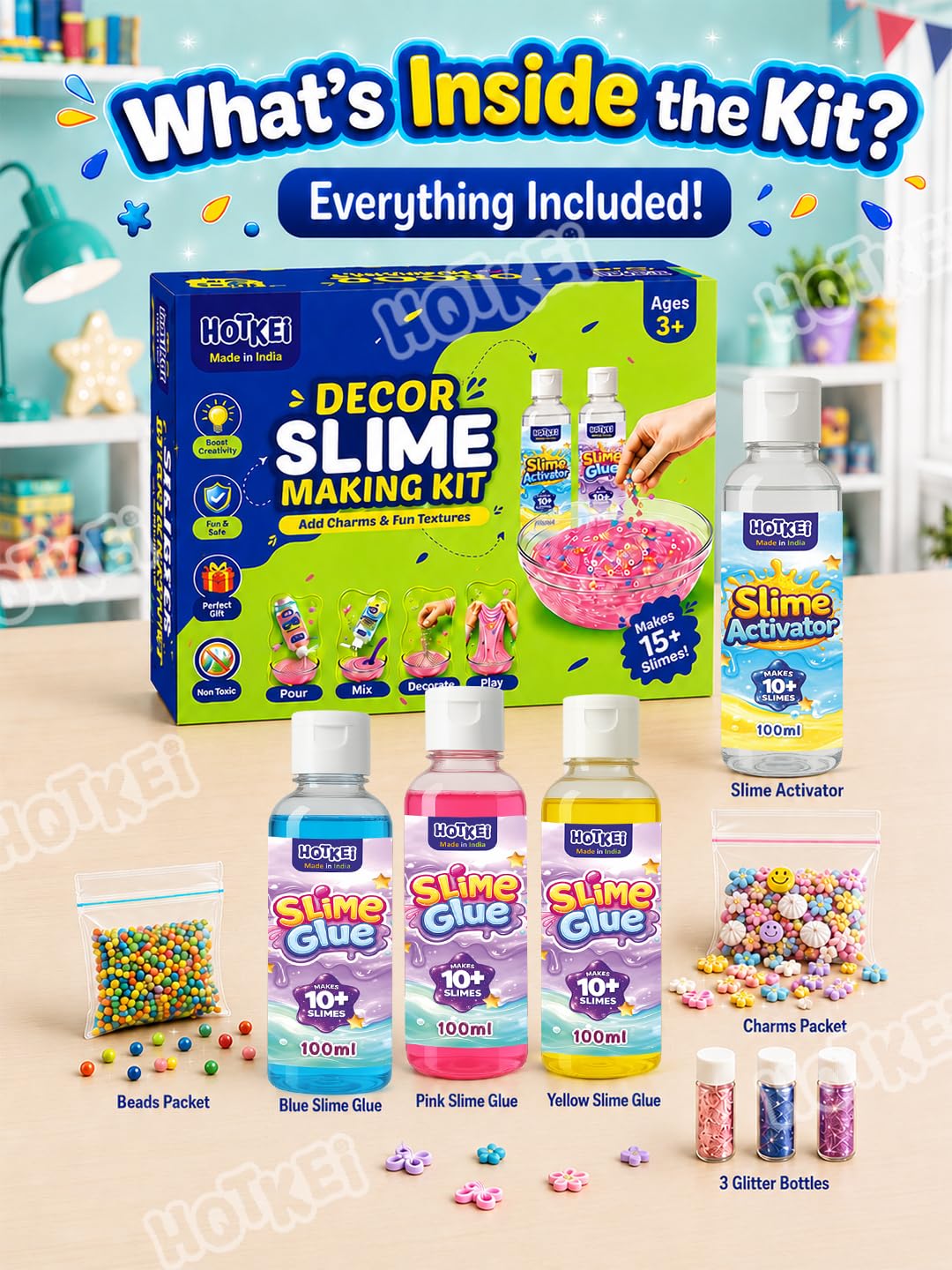 HOTKEI Decor Slimes Making Kit Multicolor Scented DIY Toy Slimy Slime Activator Glue Gel Jelly Putty Making kit Set Toy Birthday Gift for Boys Girls Kids 3 Colored Glue | 1 Activator | Accessories — Amazon image 2