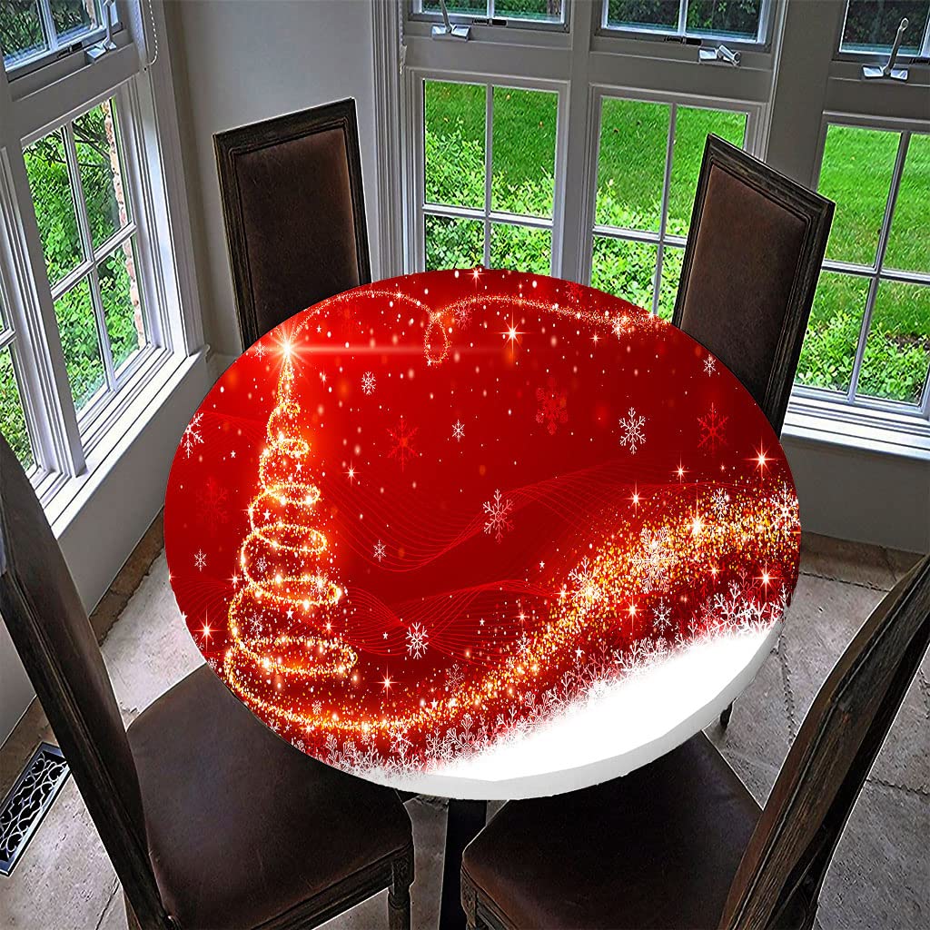 Treer-Shop G Treer Christmas Round Tablecloth Waterproof Wipeable, 3D Christmas Tree Print Circular Tablecloths Fitted Elastic Edged Xmas Table Cover Decoration For Kitchen Picnic Outdoor Indoor (,120Cm)