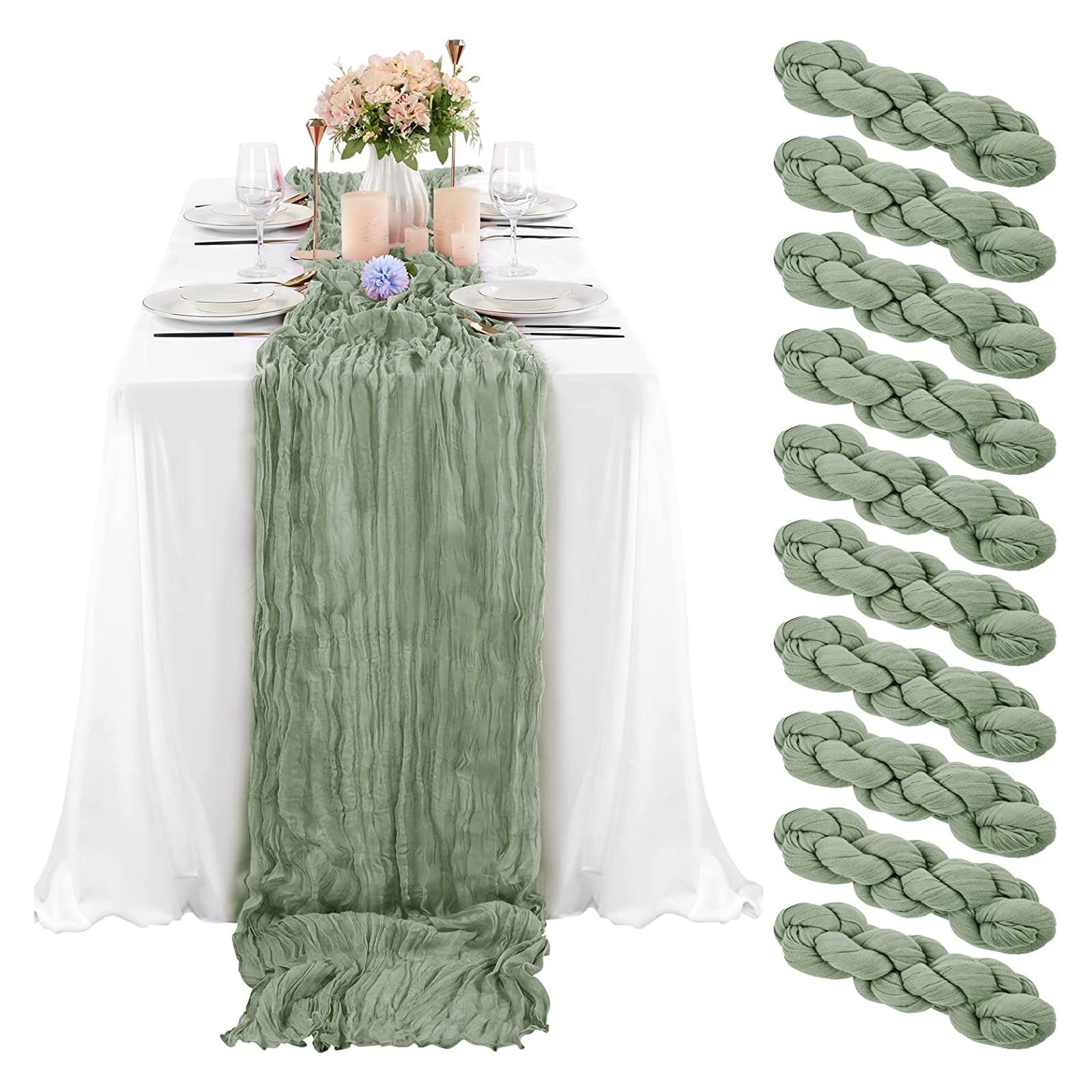 Chemin de table mariage bohème vert sauge en étamine pour banquet chic