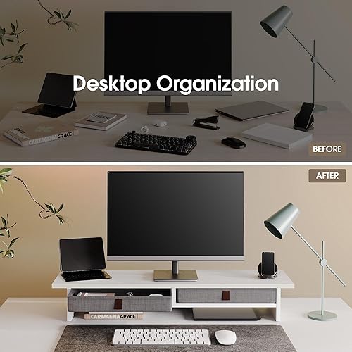 Miniatura 7 de Fenge Soporte para monitor con cajón, elevador de monitor doble de 2 niveles para escritorio, soporte de computadora de 35 pulgadas para 2